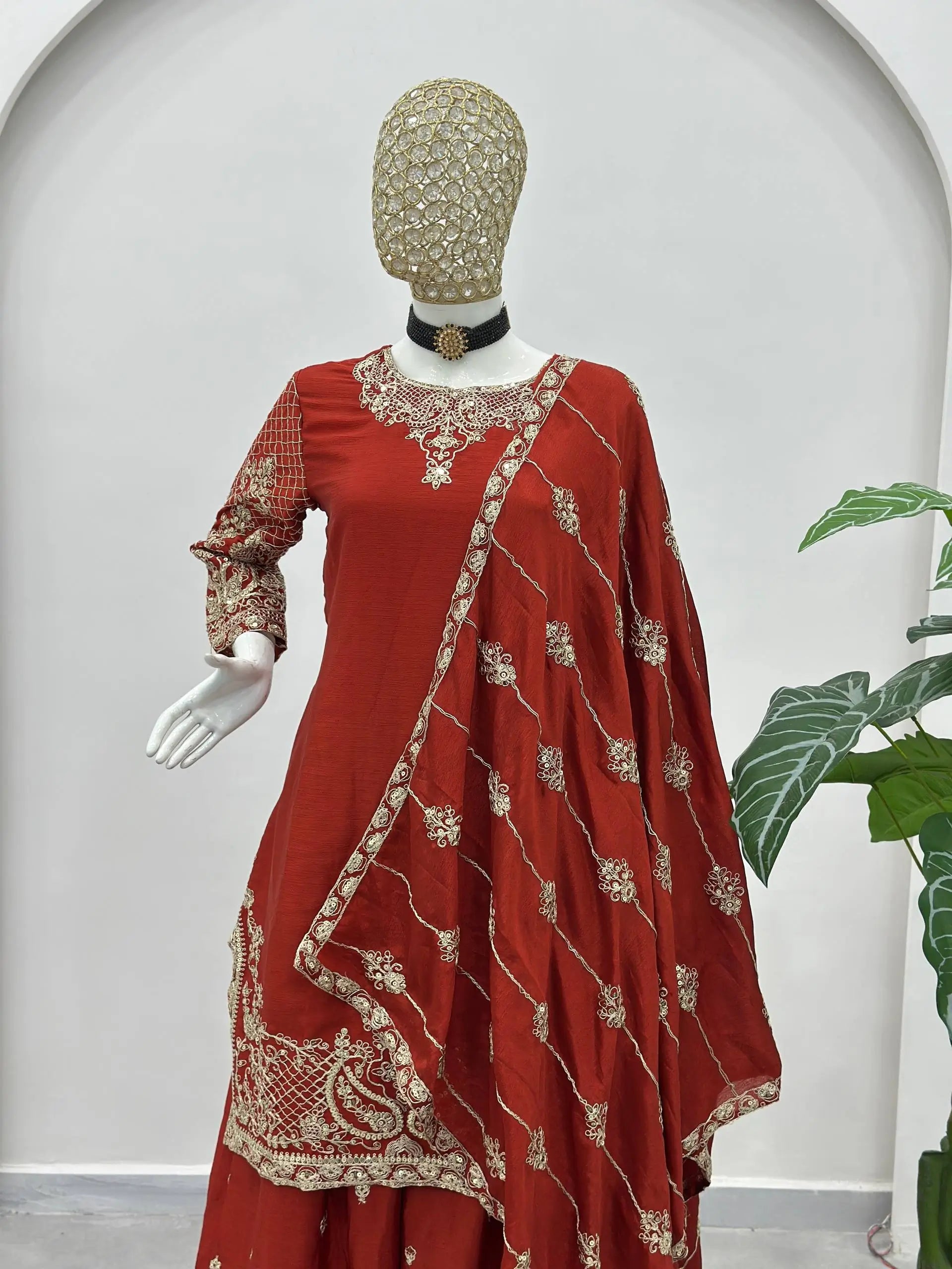 Designer Chinon Silk Embroidered Sharara Set