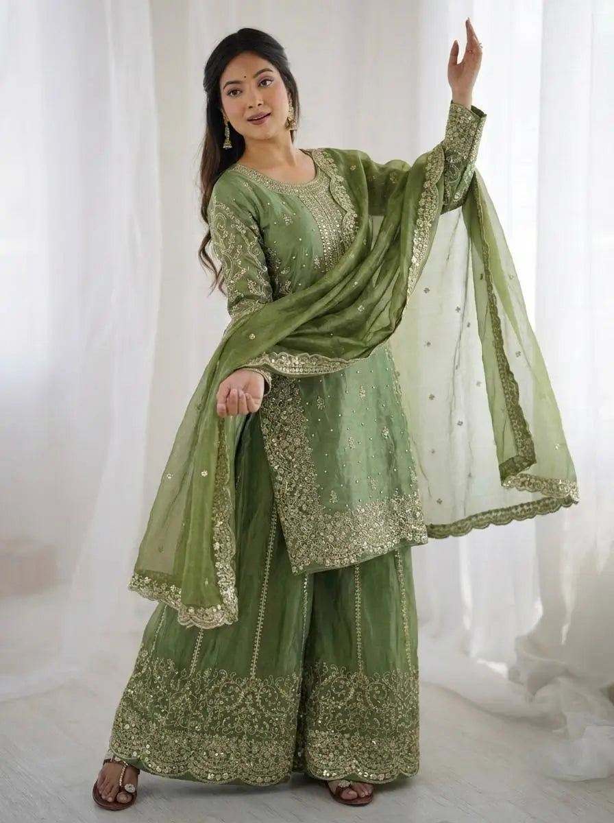 Designer Chinon Silk Embroidered Sharara Set