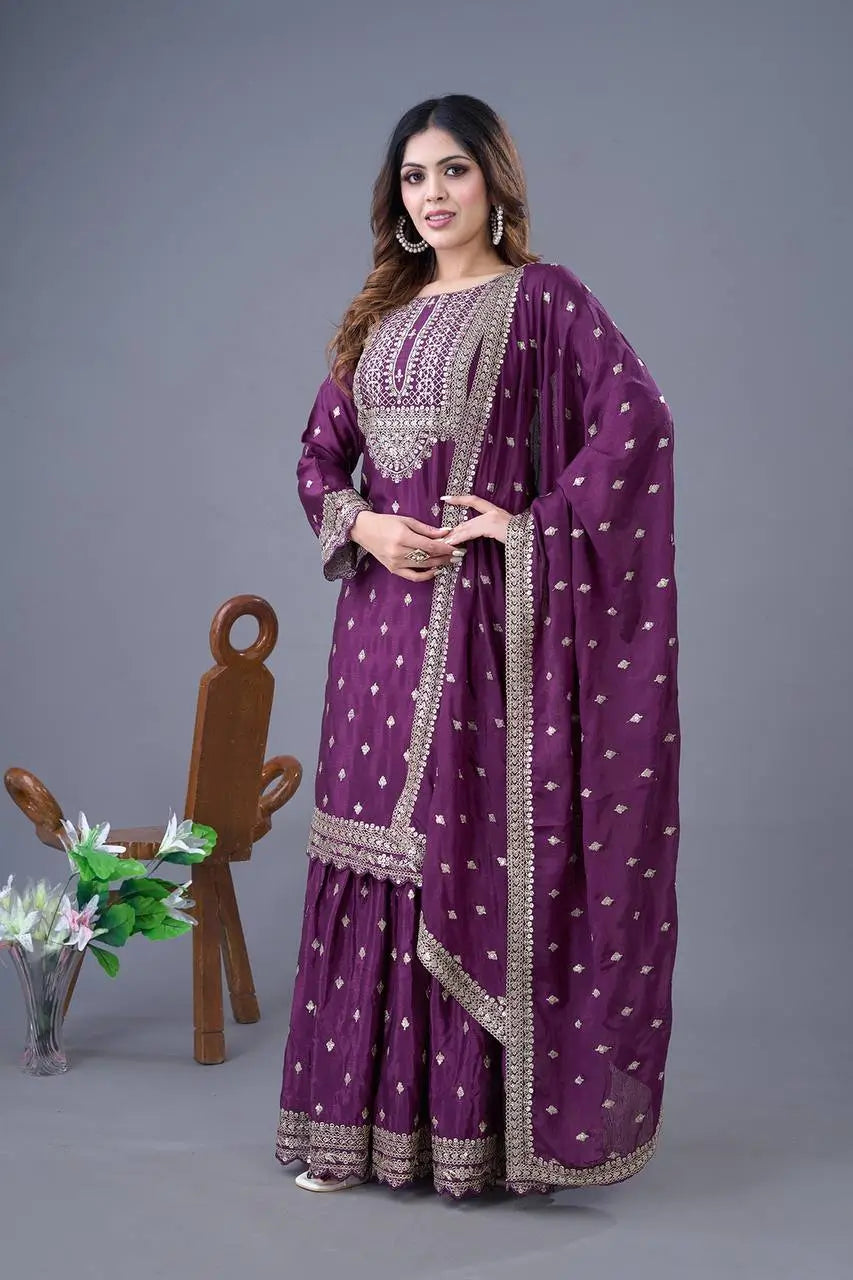 Designer Chinon Silk Embroidered Sharara Set