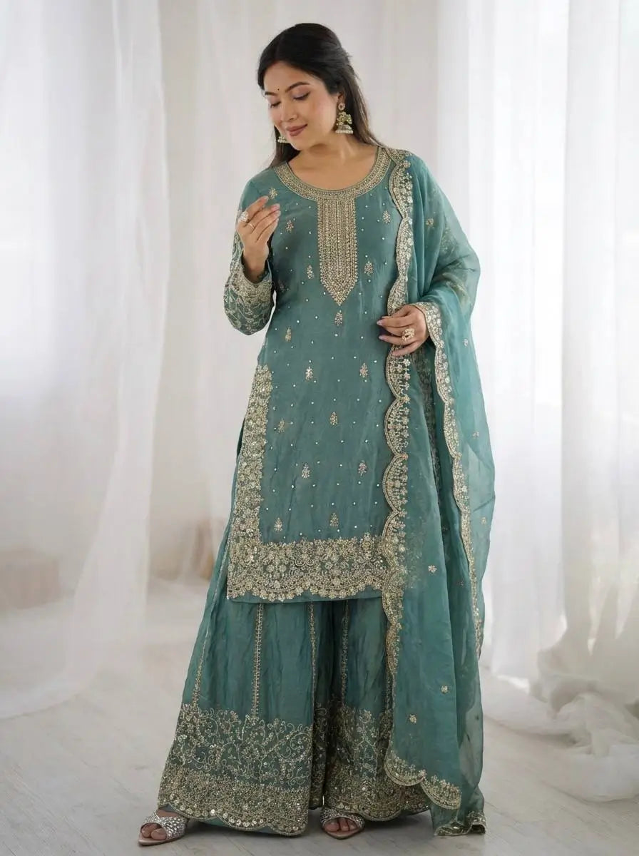 Designer Chinon Silk Embroidered Sharara Set