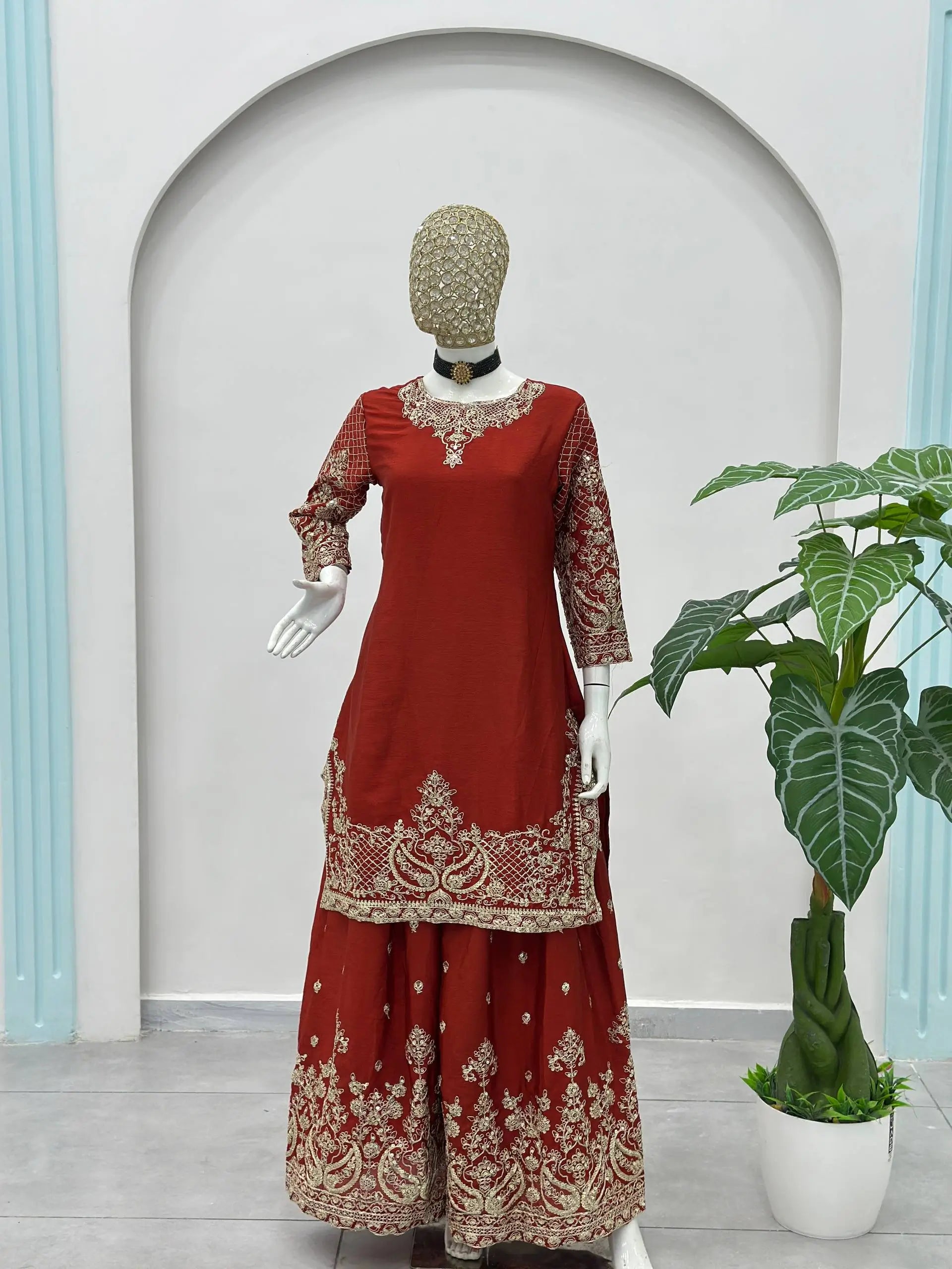 Designer Chinon Silk Embroidered Sharara Set