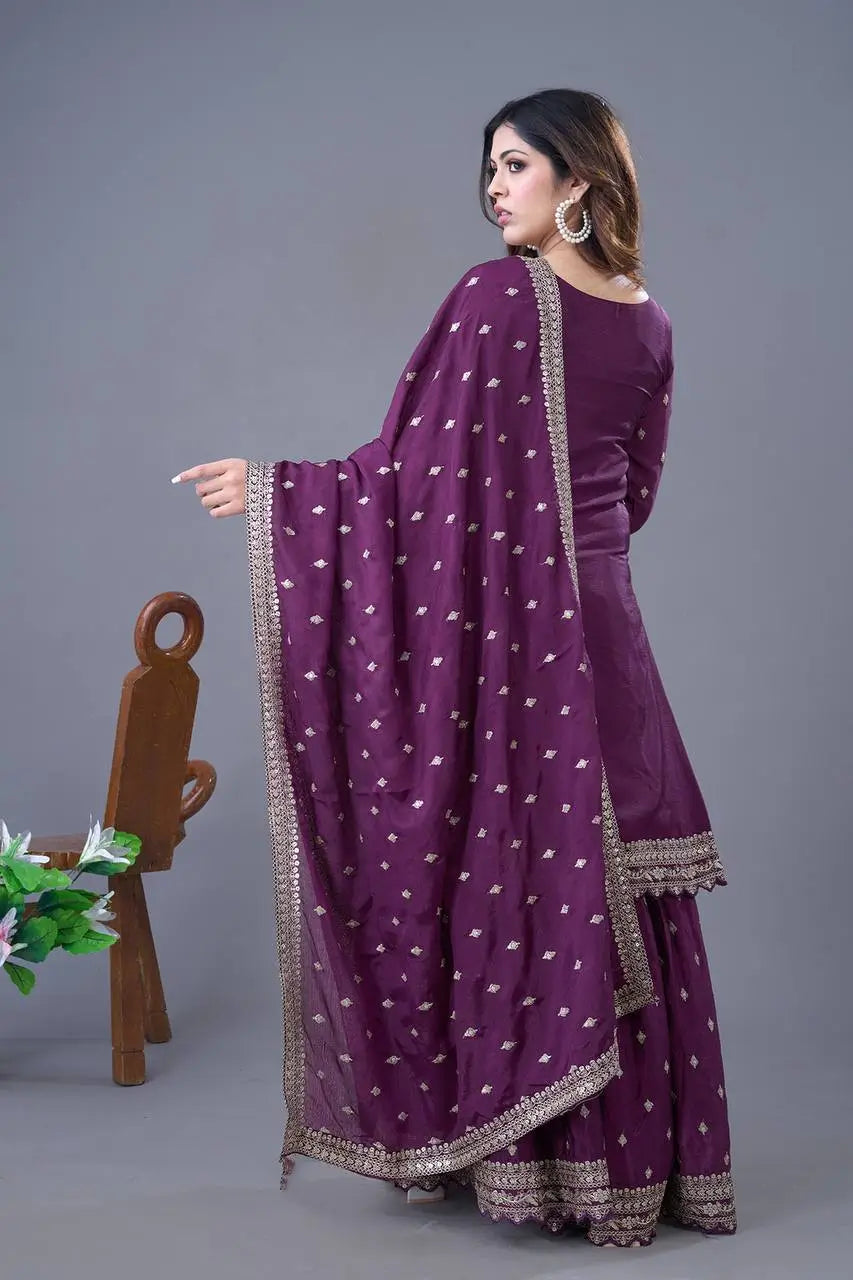 Designer Chinon Silk Embroidered Sharara Set