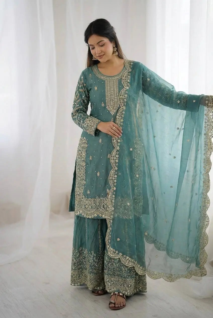 Designer Chinon Silk Embroidered Sharara Set