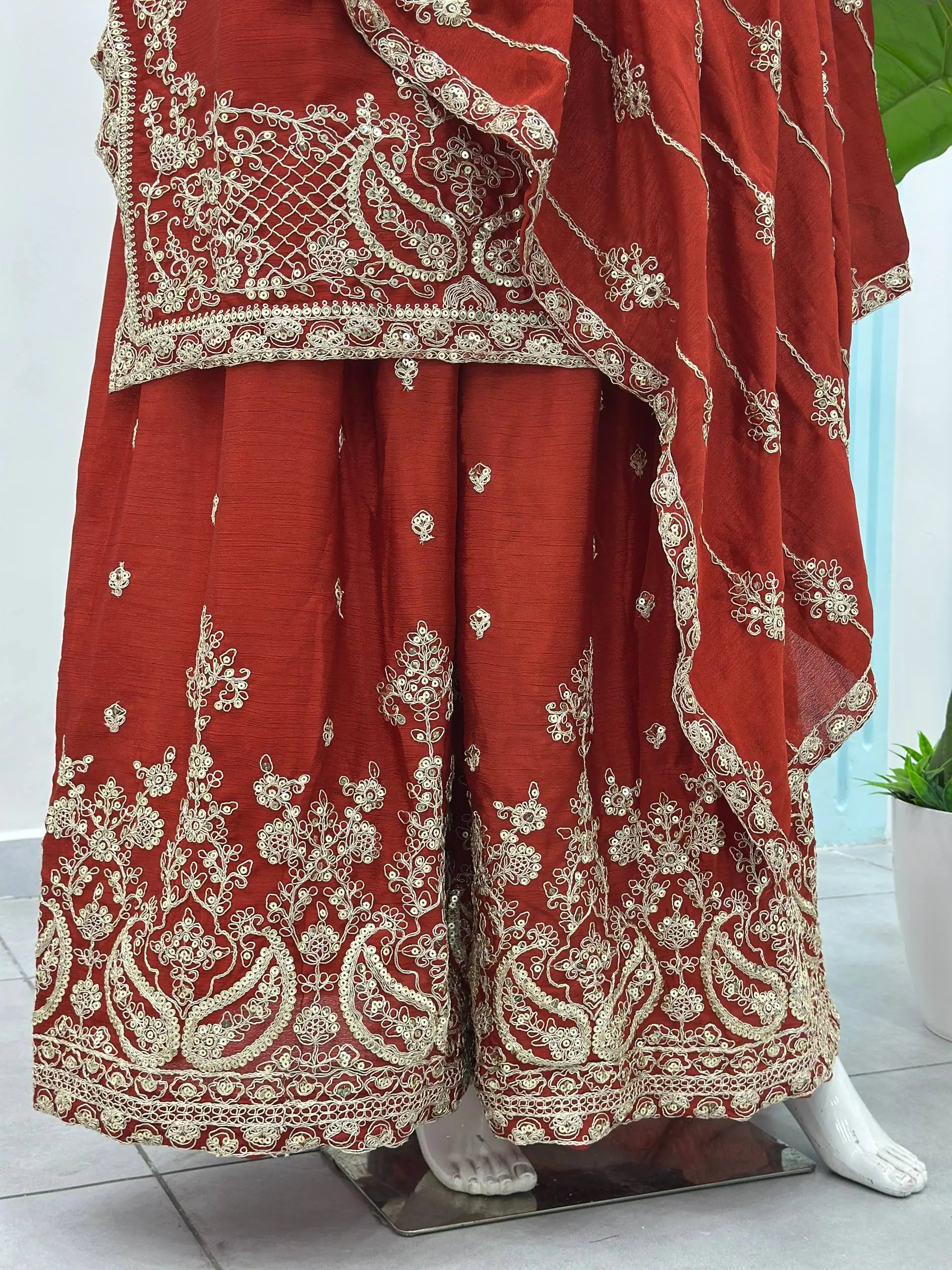 Designer Chinon Silk Embroidered Sharara Set