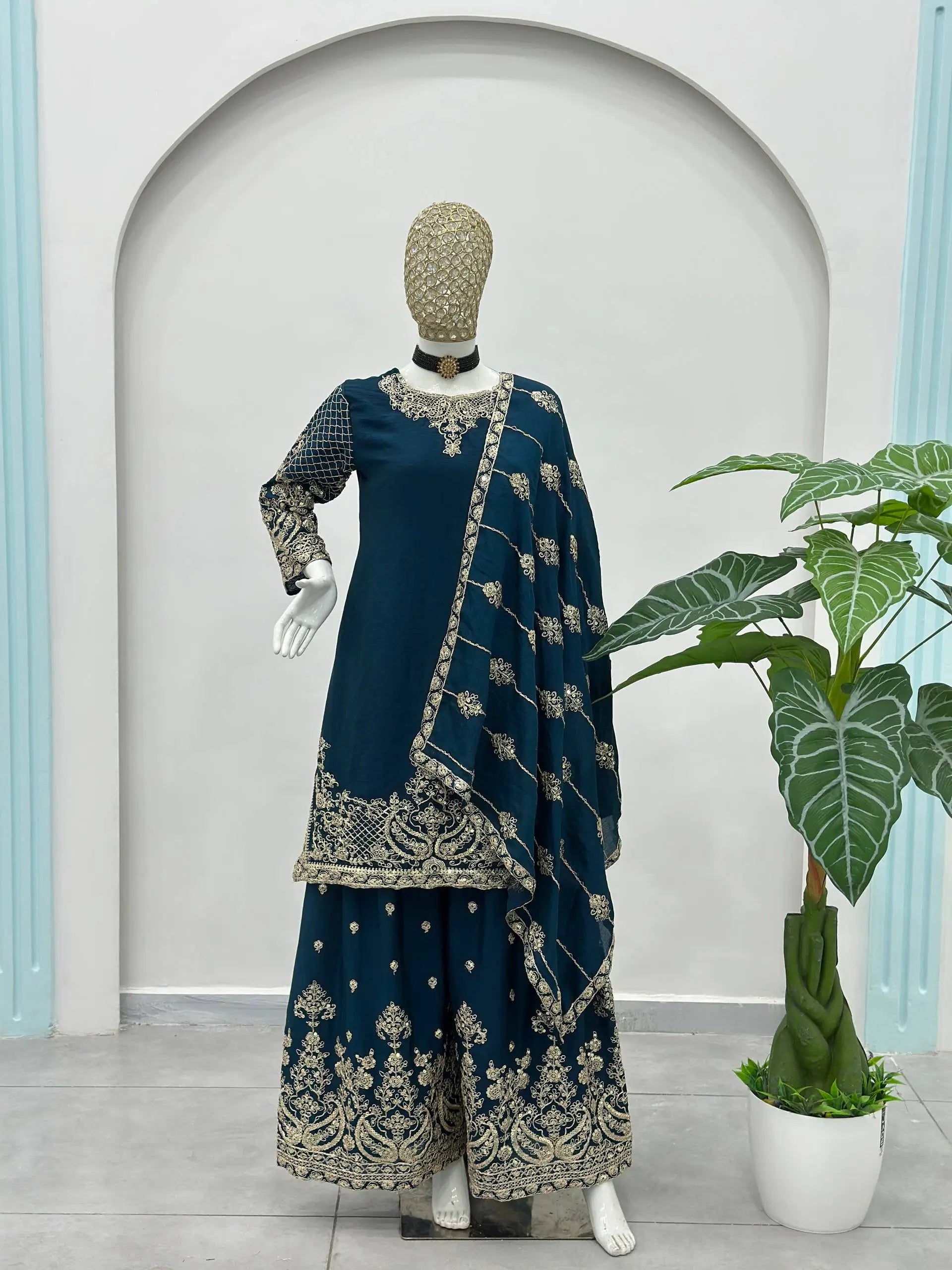 Designer Chinon Silk Embroidered Sharara Set