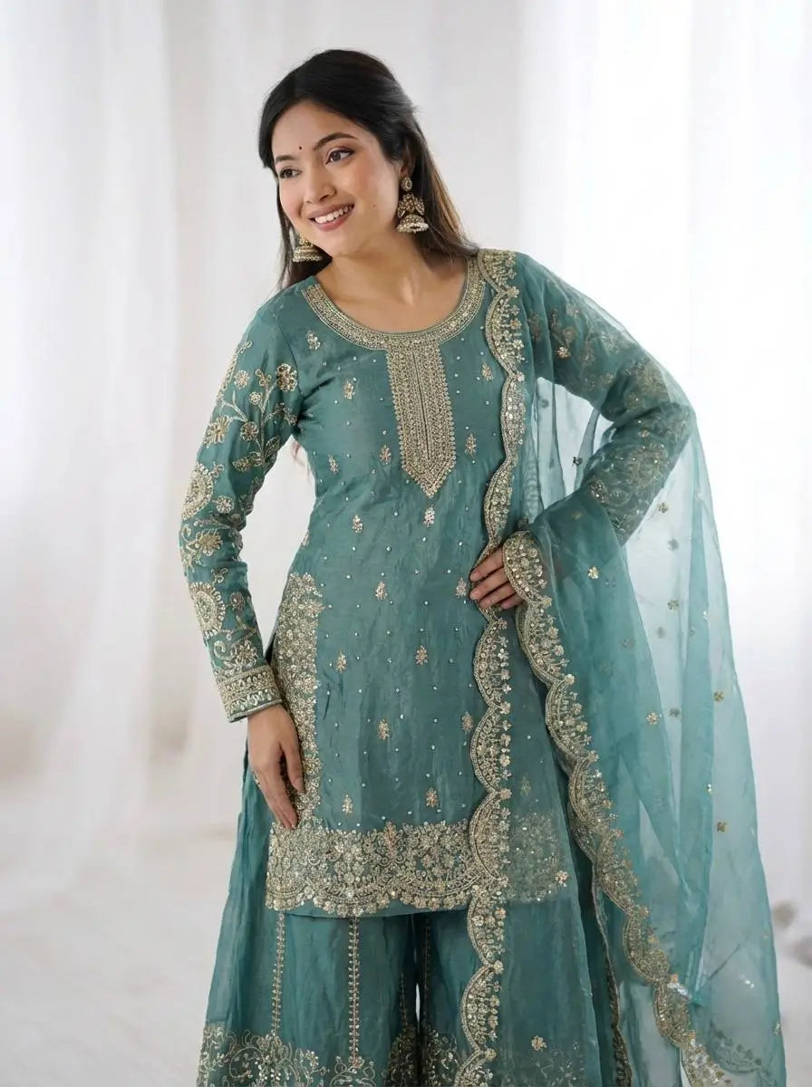 Designer Chinon Silk Embroidered Sharara Set