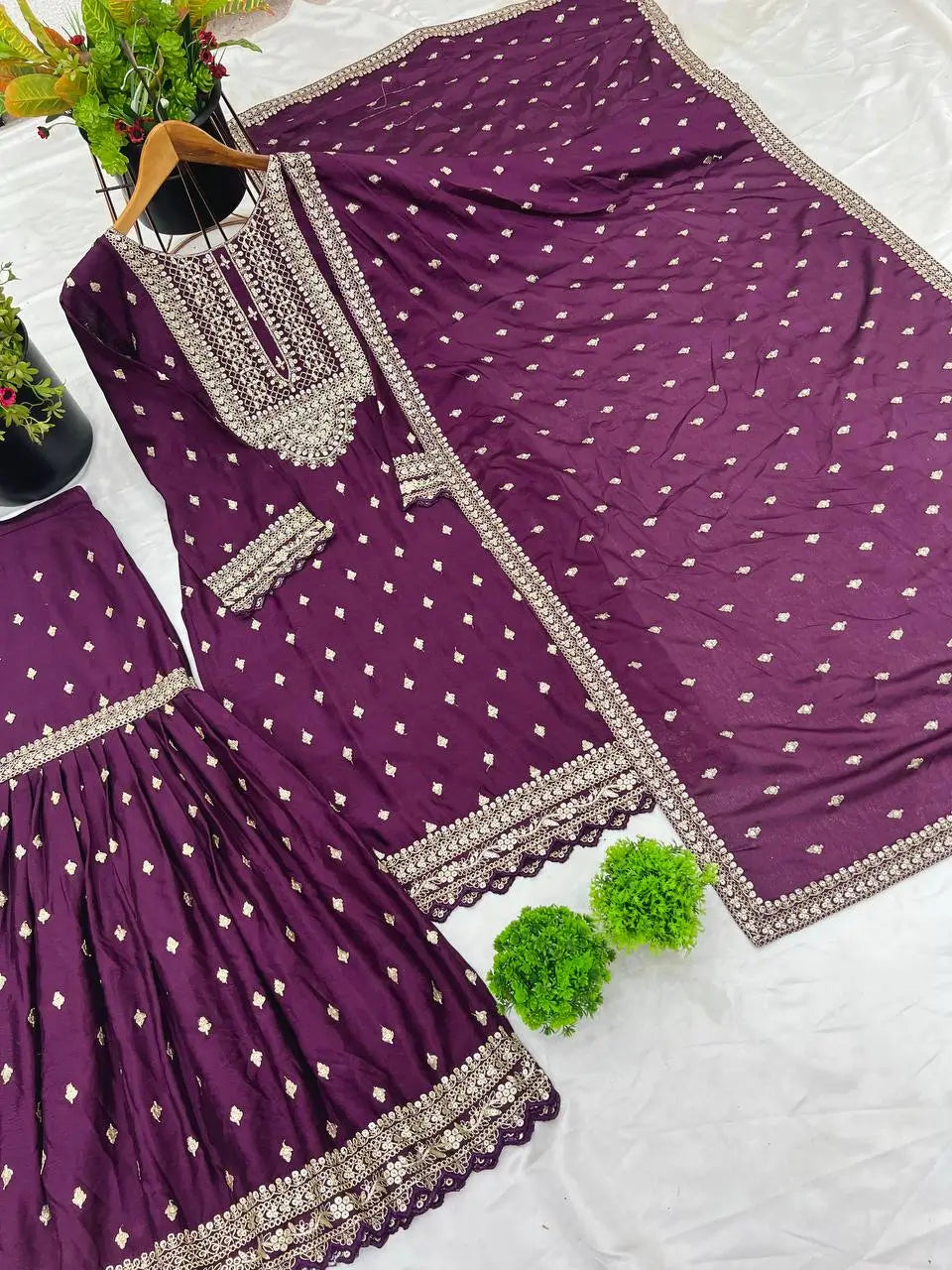 Designer Chinon Silk Embroidered Sharara Set