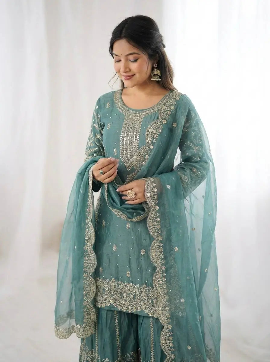 Designer Chinon Silk Embroidered Sharara Set