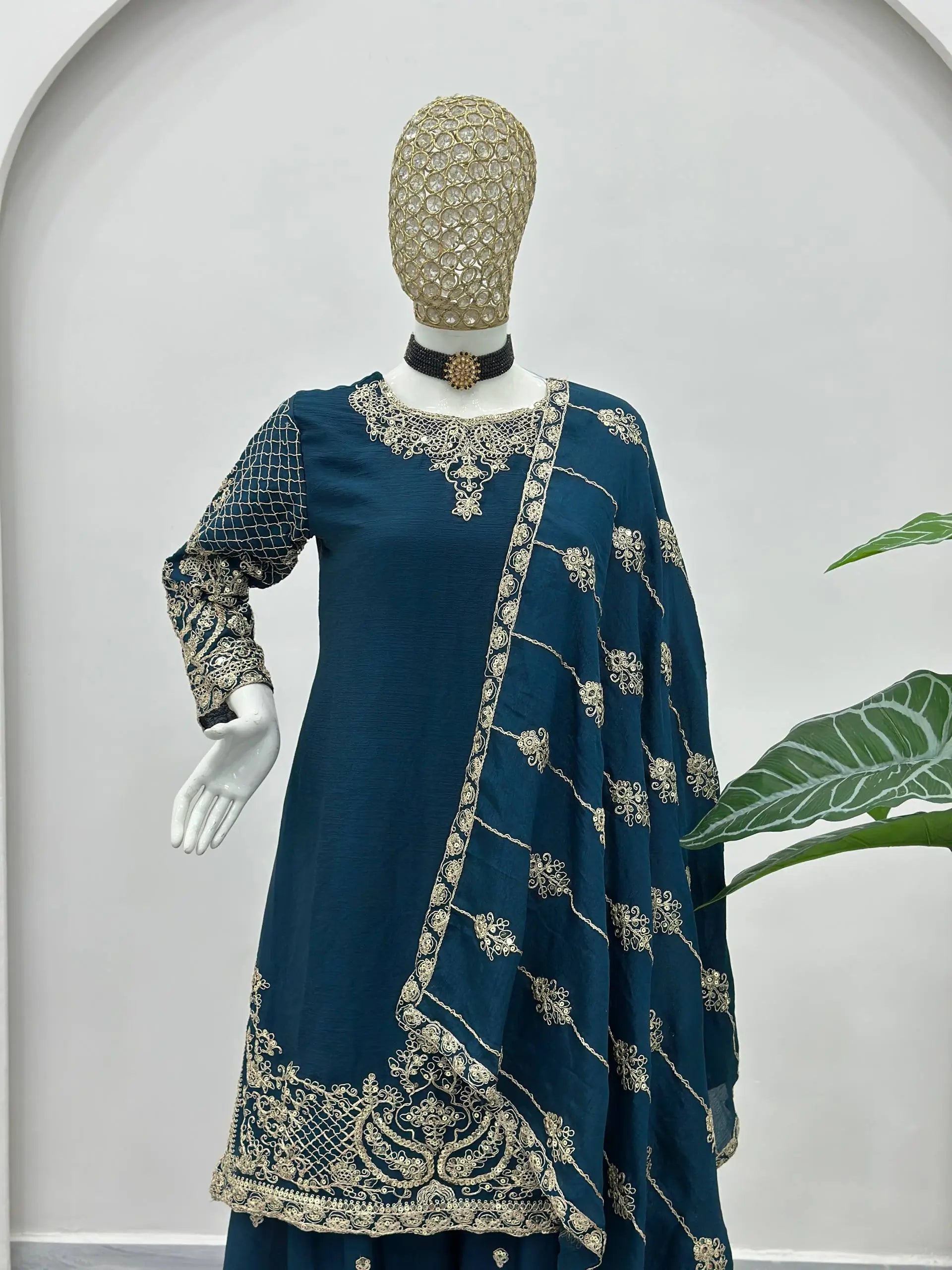 Designer Chinon Silk Embroidered Sharara Set