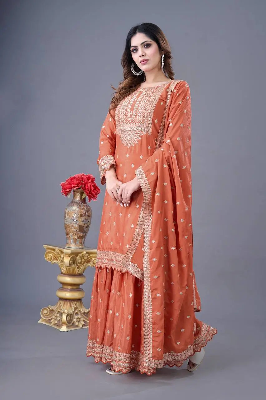 Designer Chinon Silk Embroidered Sharara Set