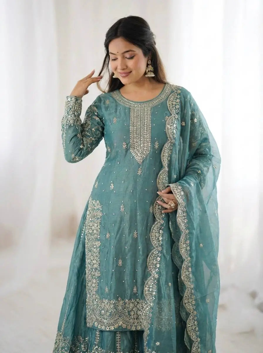 Designer Chinon Silk Embroidered Sharara Set