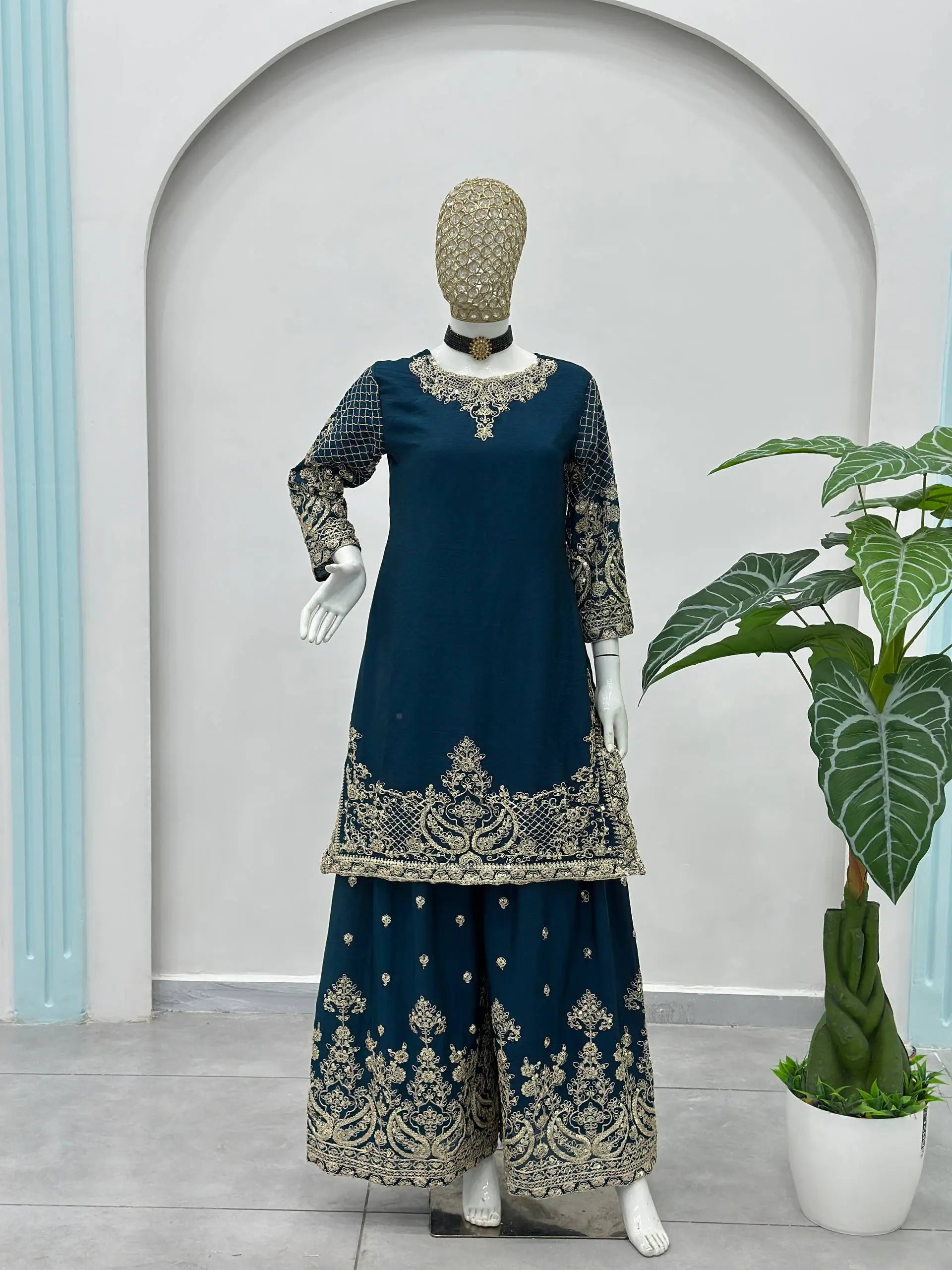 Designer Chinon Silk Embroidered Sharara Set