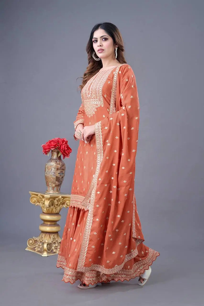 Designer Chinon Silk Embroidered Sharara Set