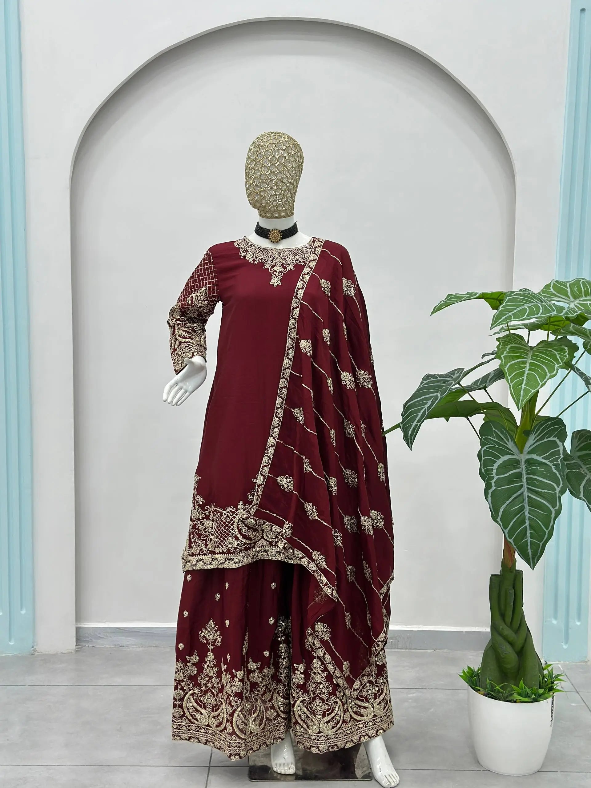 Designer Chinon Silk Embroidered Sharara Set