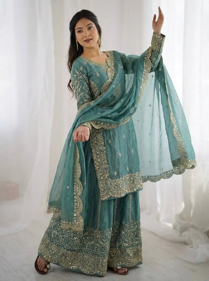 Designer Chinon Silk Embroidered Sharara Set