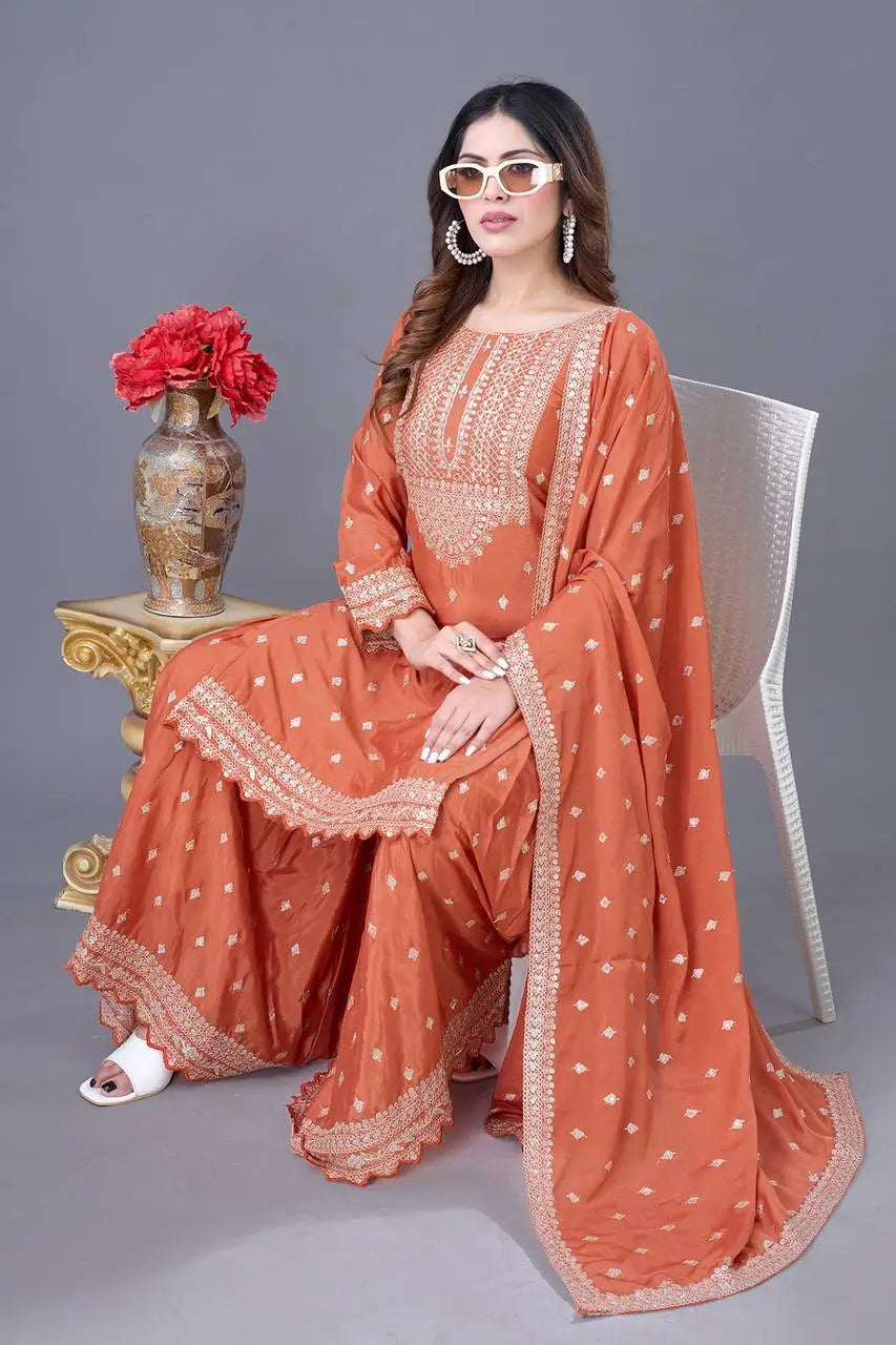 Designer Chinon Silk Embroidered Sharara Set