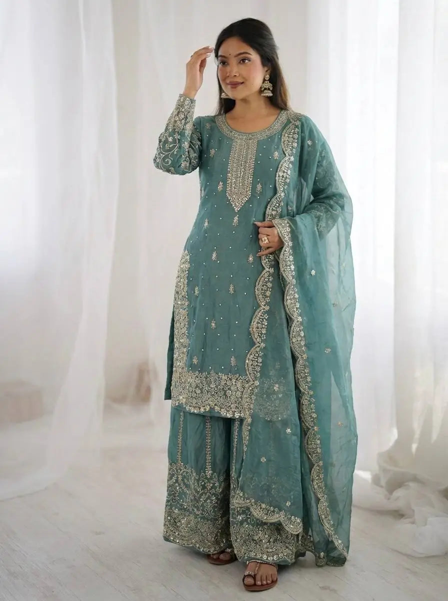 Designer Chinon Silk Embroidered Sharara Set