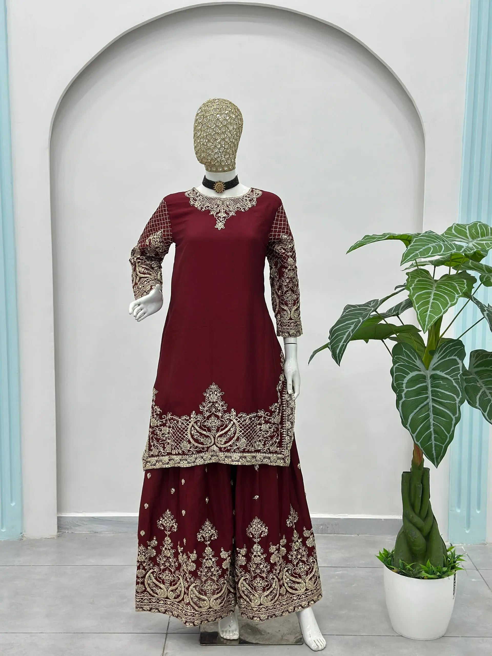 Designer Chinon Silk Embroidered Sharara Set