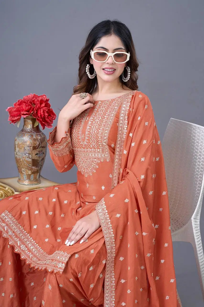 Designer Chinon Silk Embroidered Sharara Set
