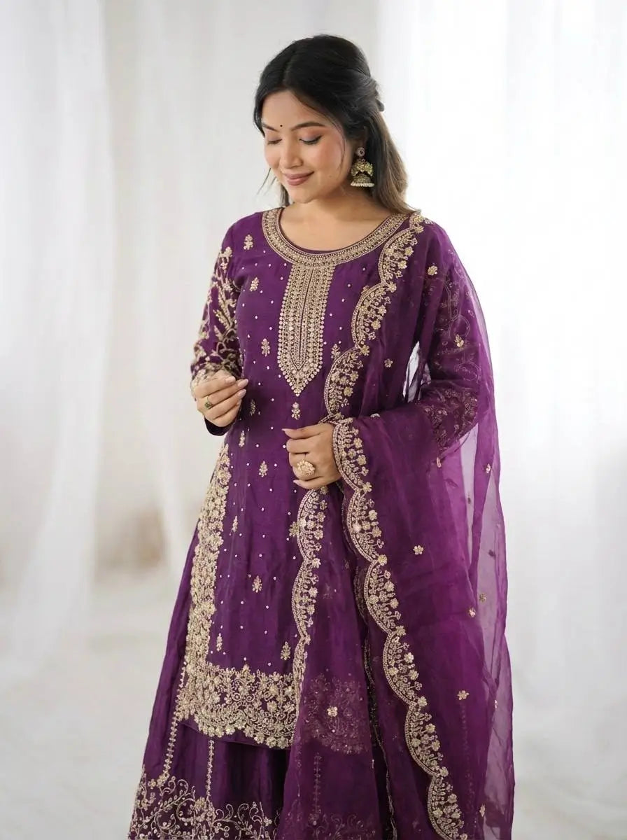 Designer Chinon Silk Embroidered Sharara Set