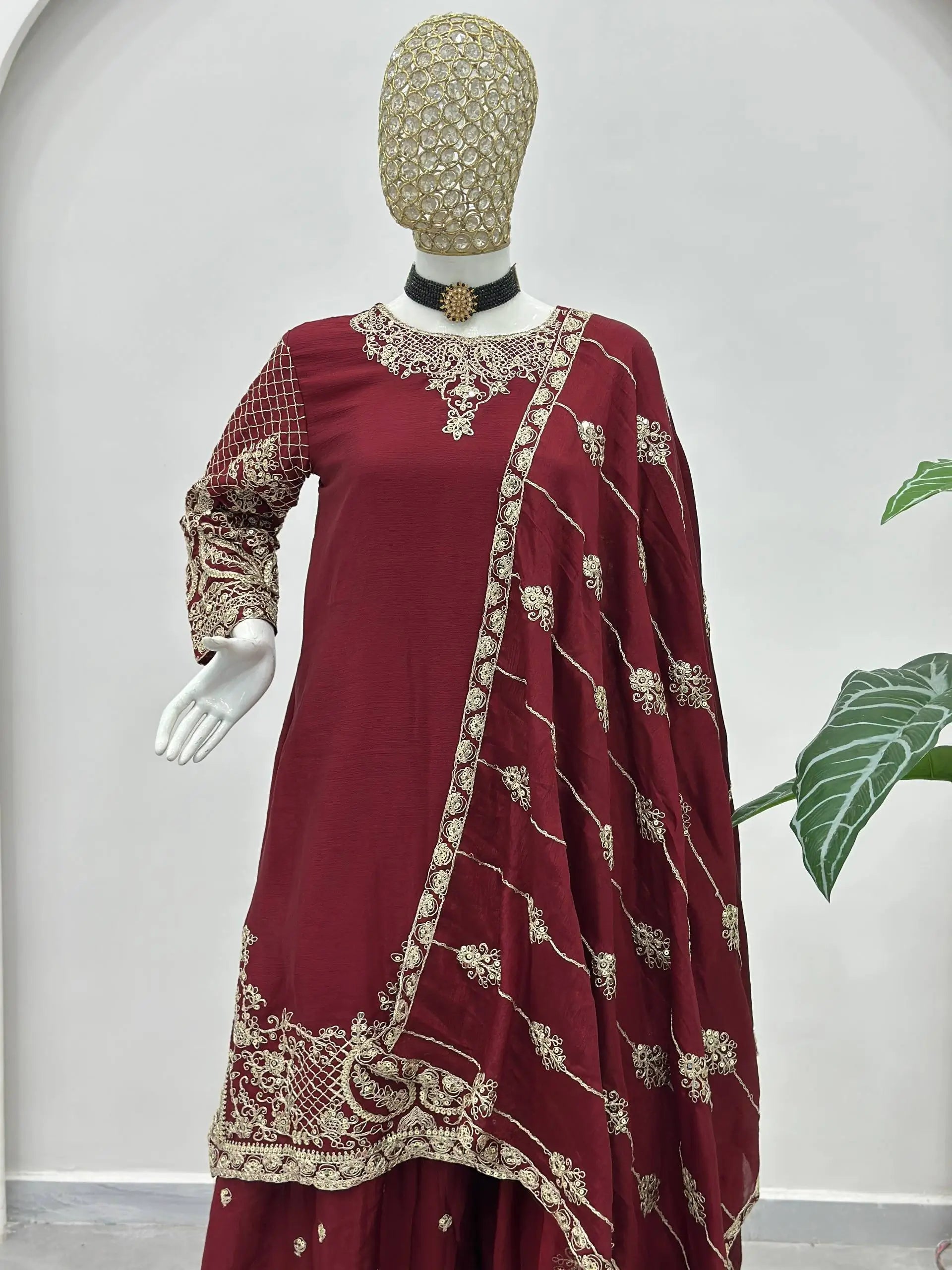 Designer Chinon Silk Embroidered Sharara Set