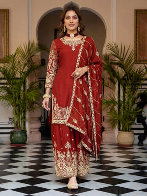 Designer Chinon Silk Embroidered Sharara Set