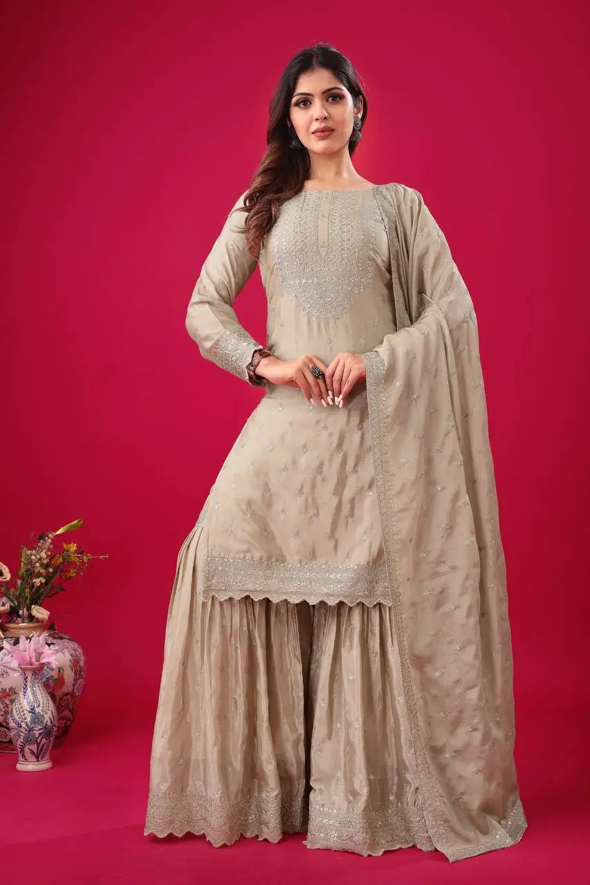 Designer Chinon Silk Embroidered Sharara Set