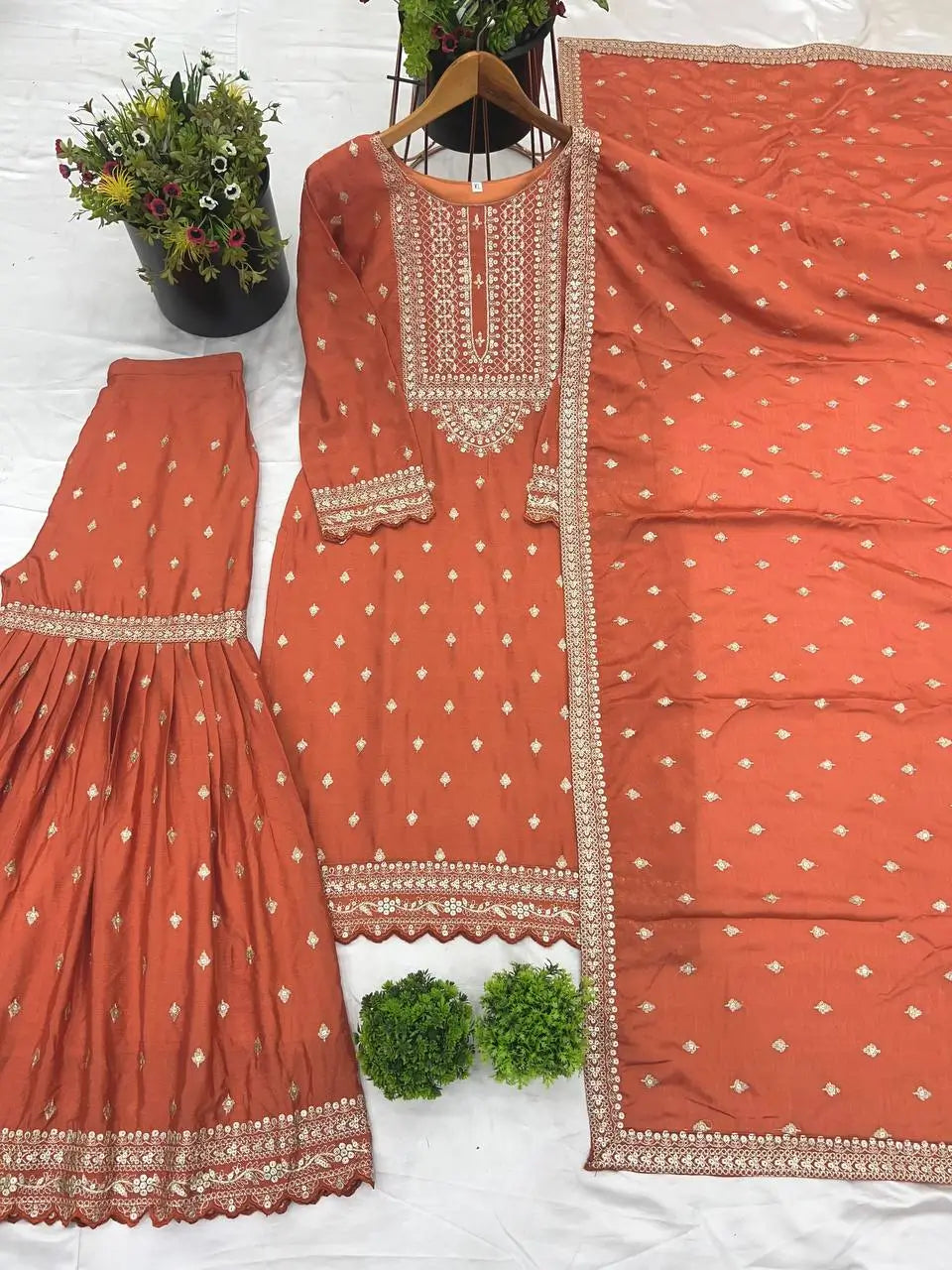 Designer Chinon Silk Embroidered Sharara Set