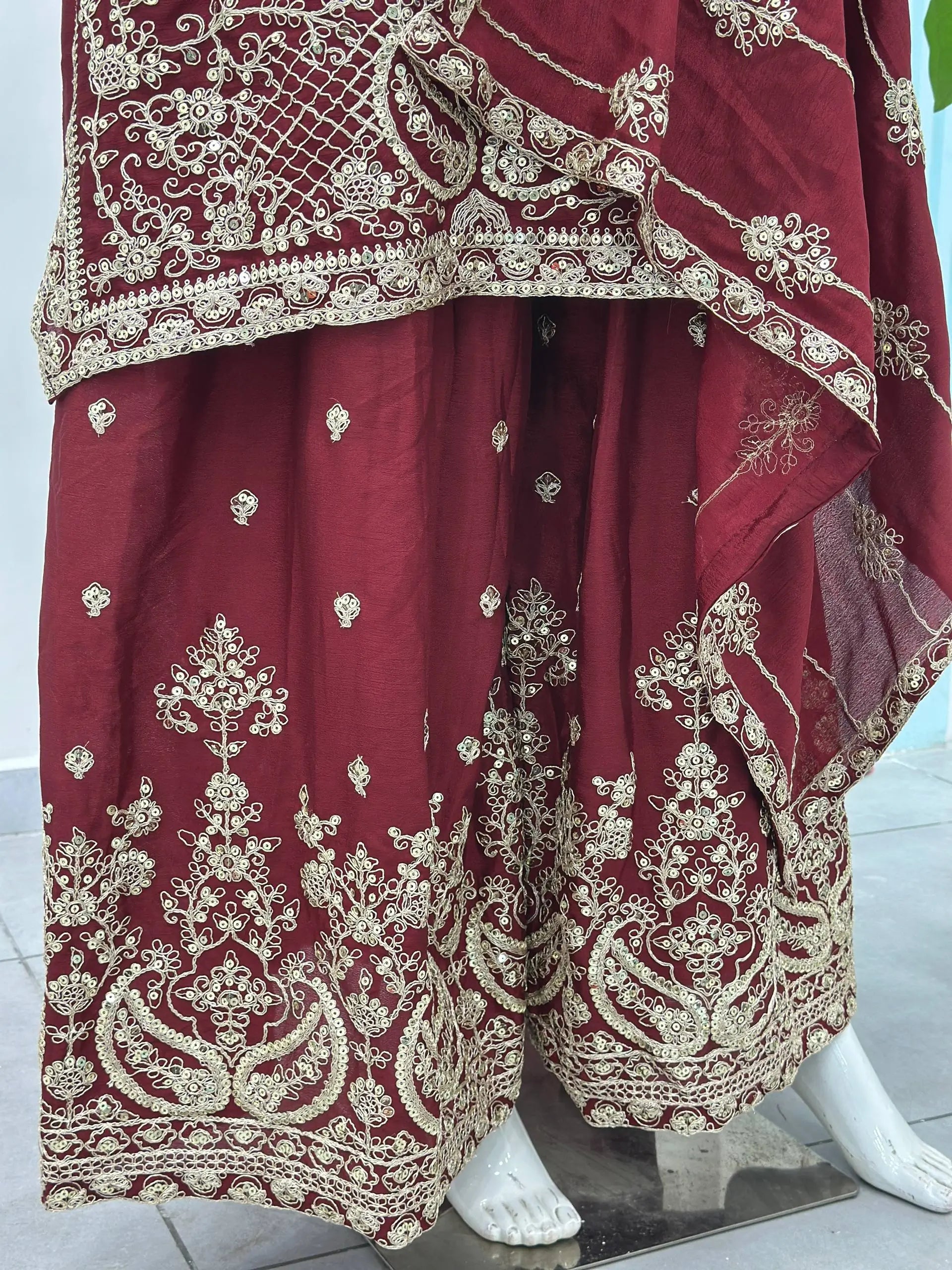 Designer Chinon Silk Embroidered Sharara Set