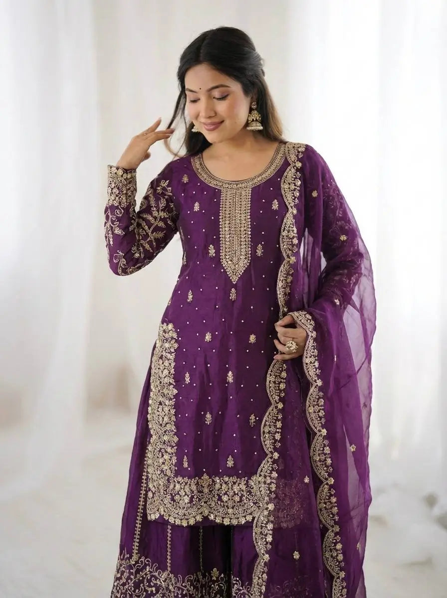 Designer Chinon Silk Embroidered Sharara Set
