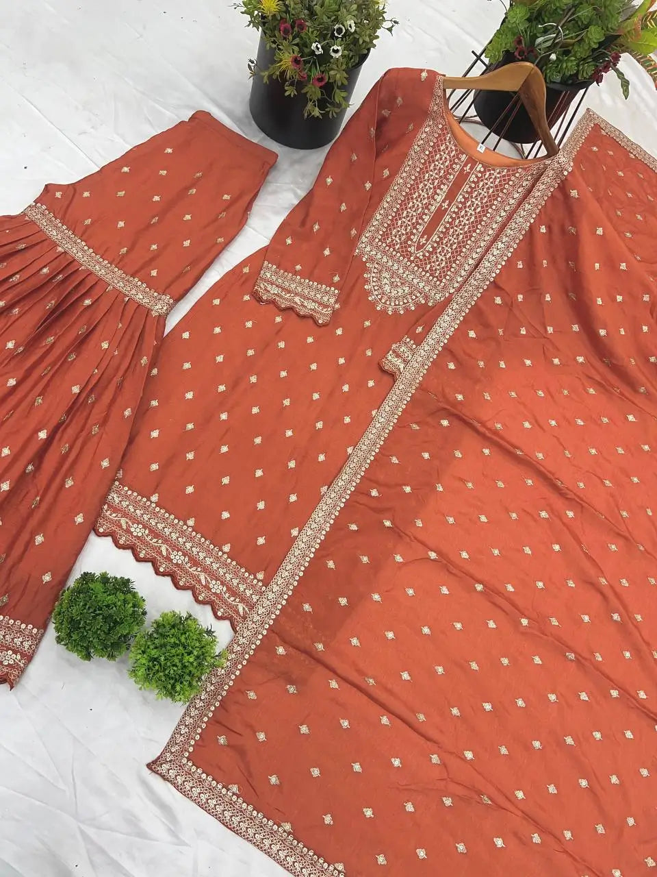 Designer Chinon Silk Embroidered Sharara Set