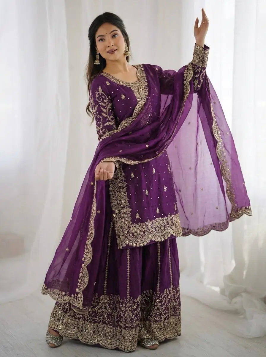 Designer Chinon Silk Embroidered Sharara Set
