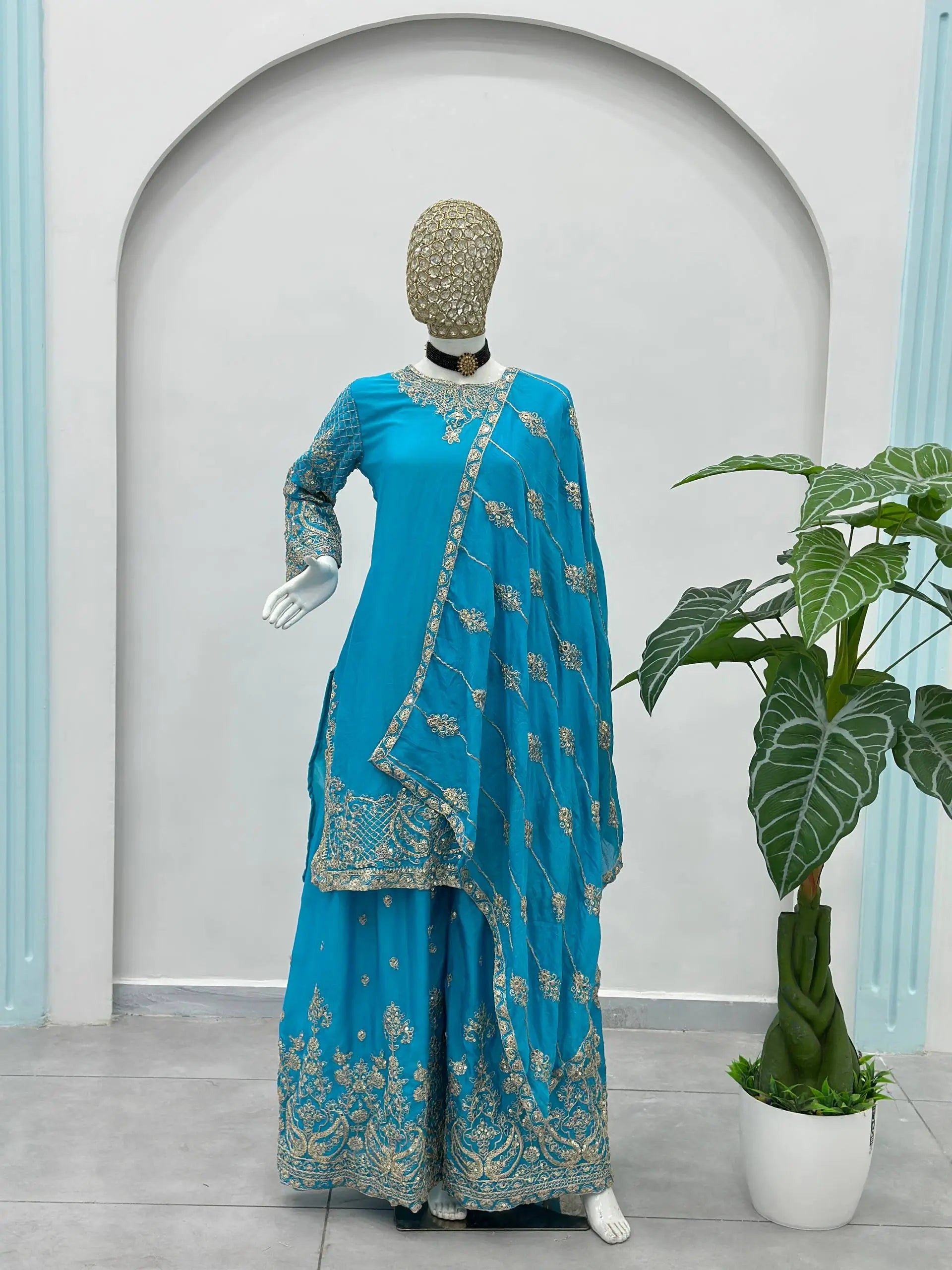 Designer Chinon Silk Embroidered Sharara Set