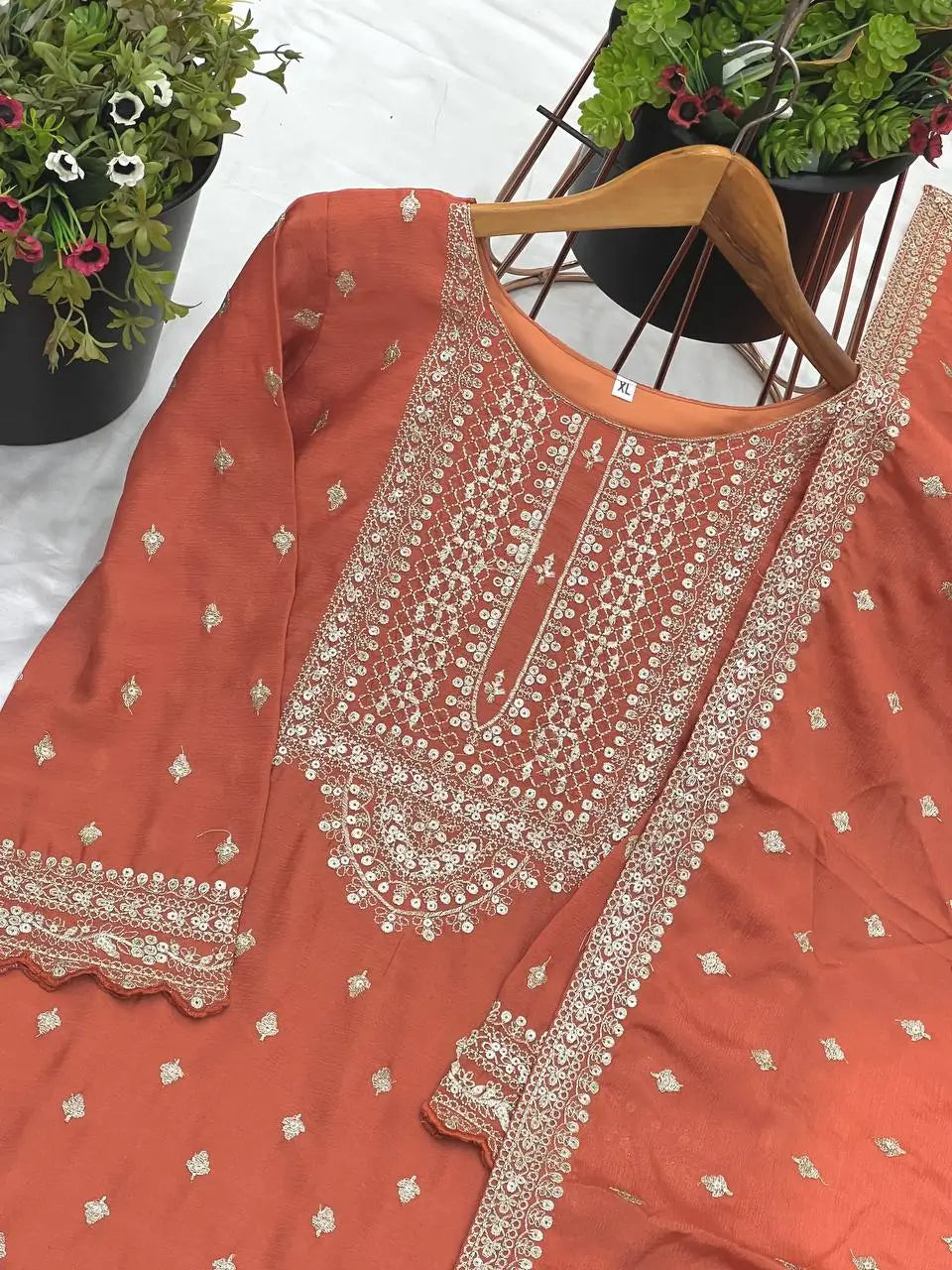 Designer Chinon Silk Embroidered Sharara Set