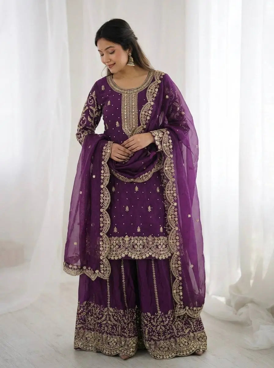 Designer Chinon Silk Embroidered Sharara Set