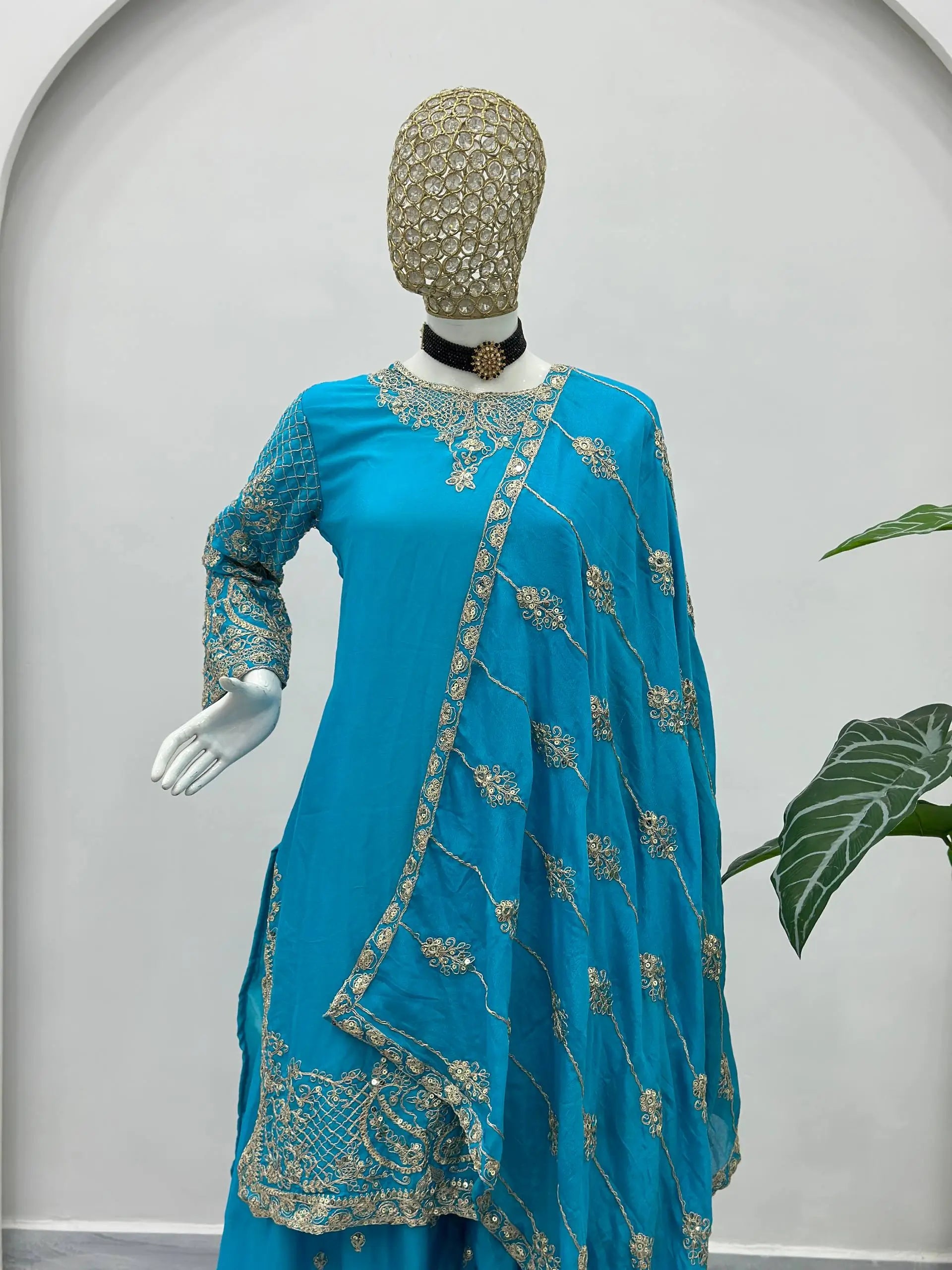 Designer Chinon Silk Embroidered Sharara Set