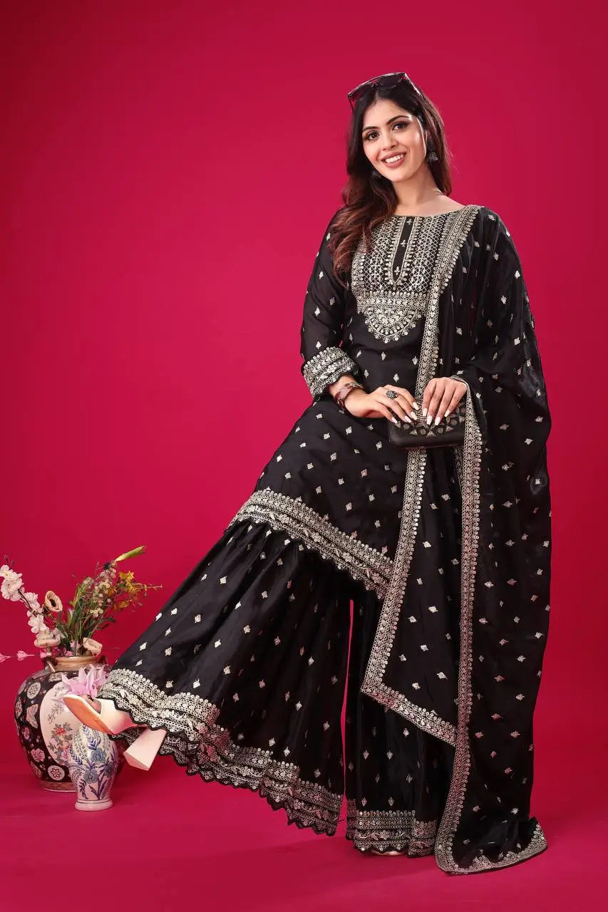 Designer Chinon Silk Embroidered Sharara Set