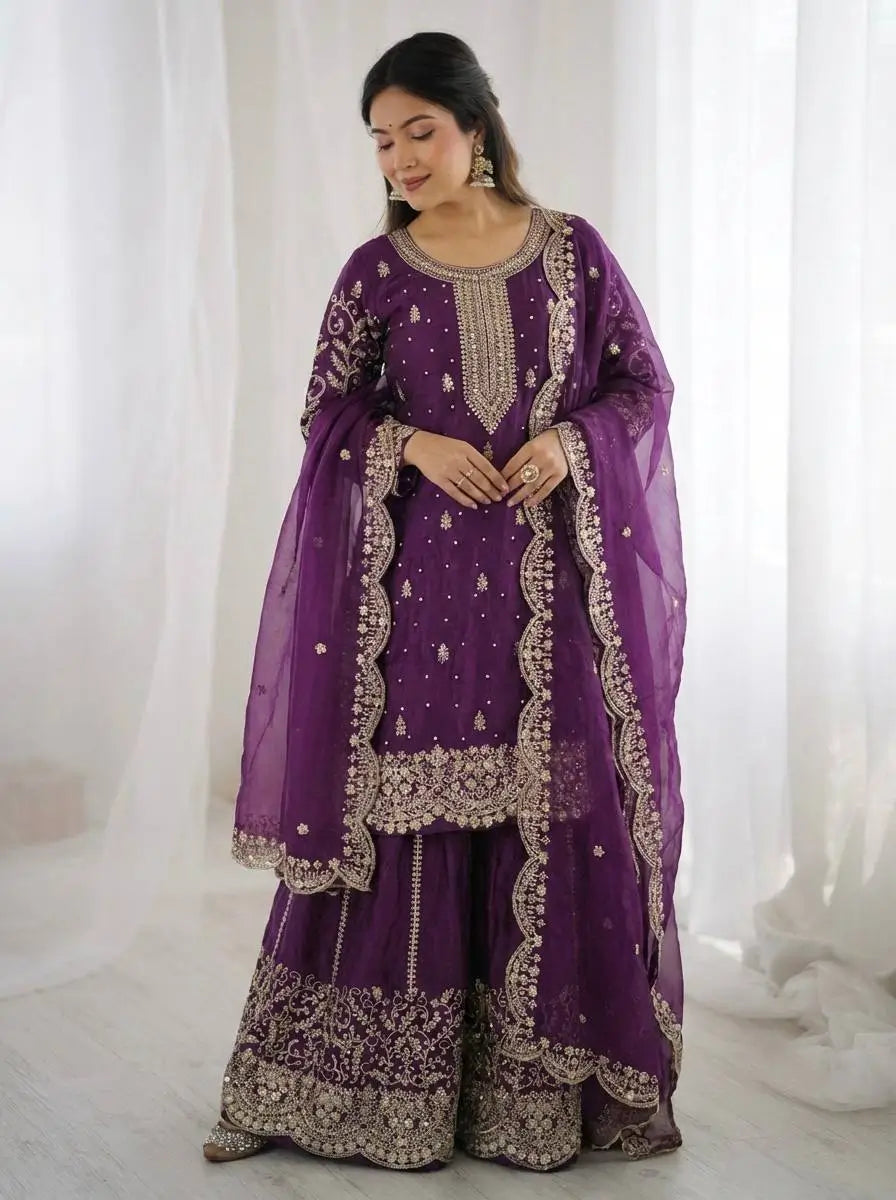 Designer Chinon Silk Embroidered Sharara Set