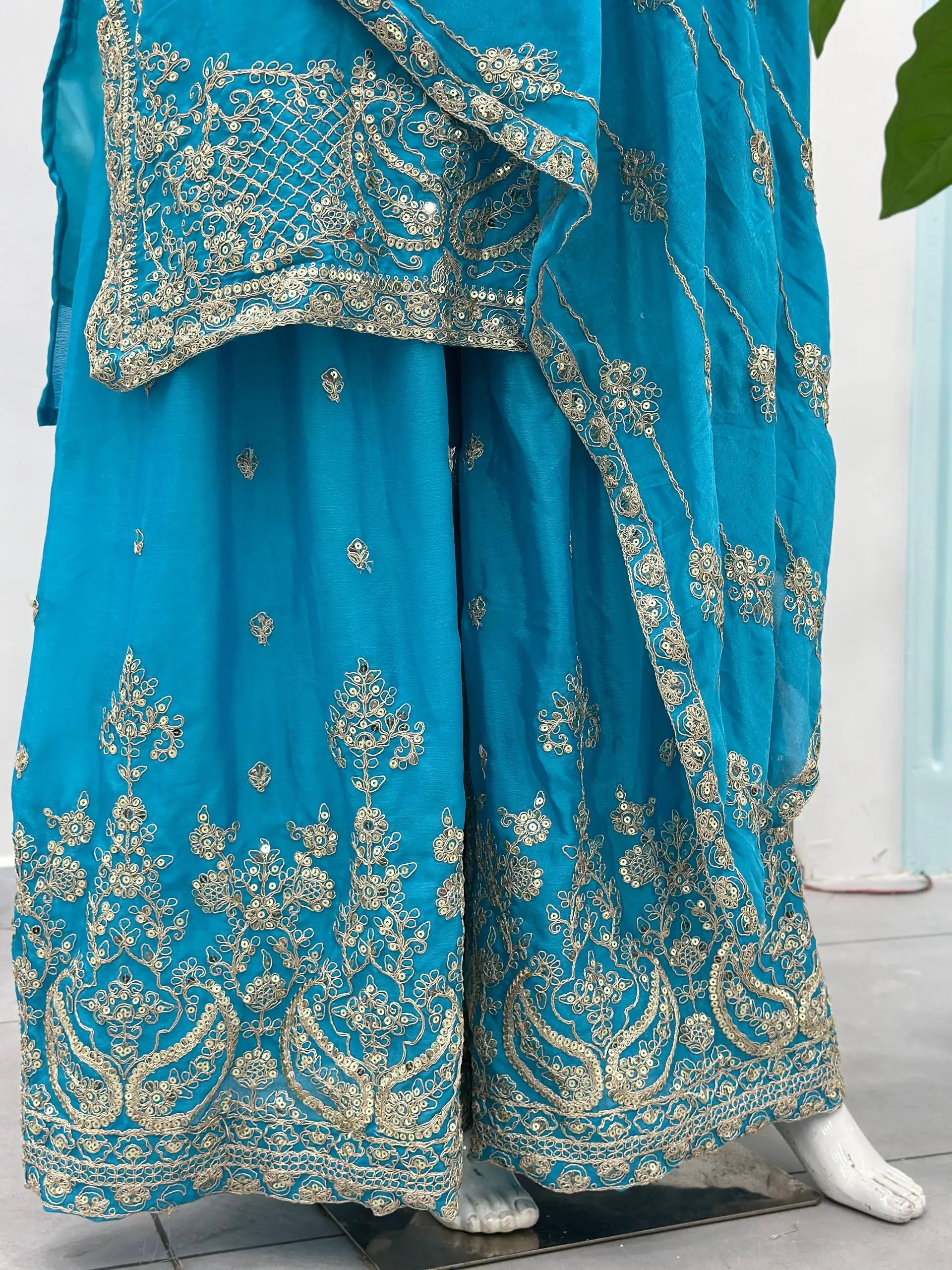 Designer Chinon Silk Embroidered Sharara Set