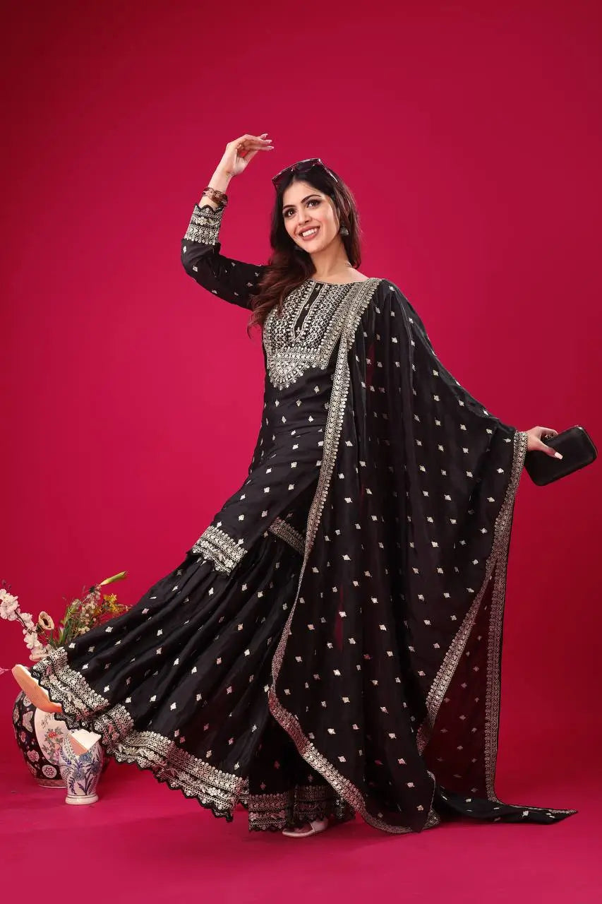 Designer Chinon Silk Embroidered Sharara Set