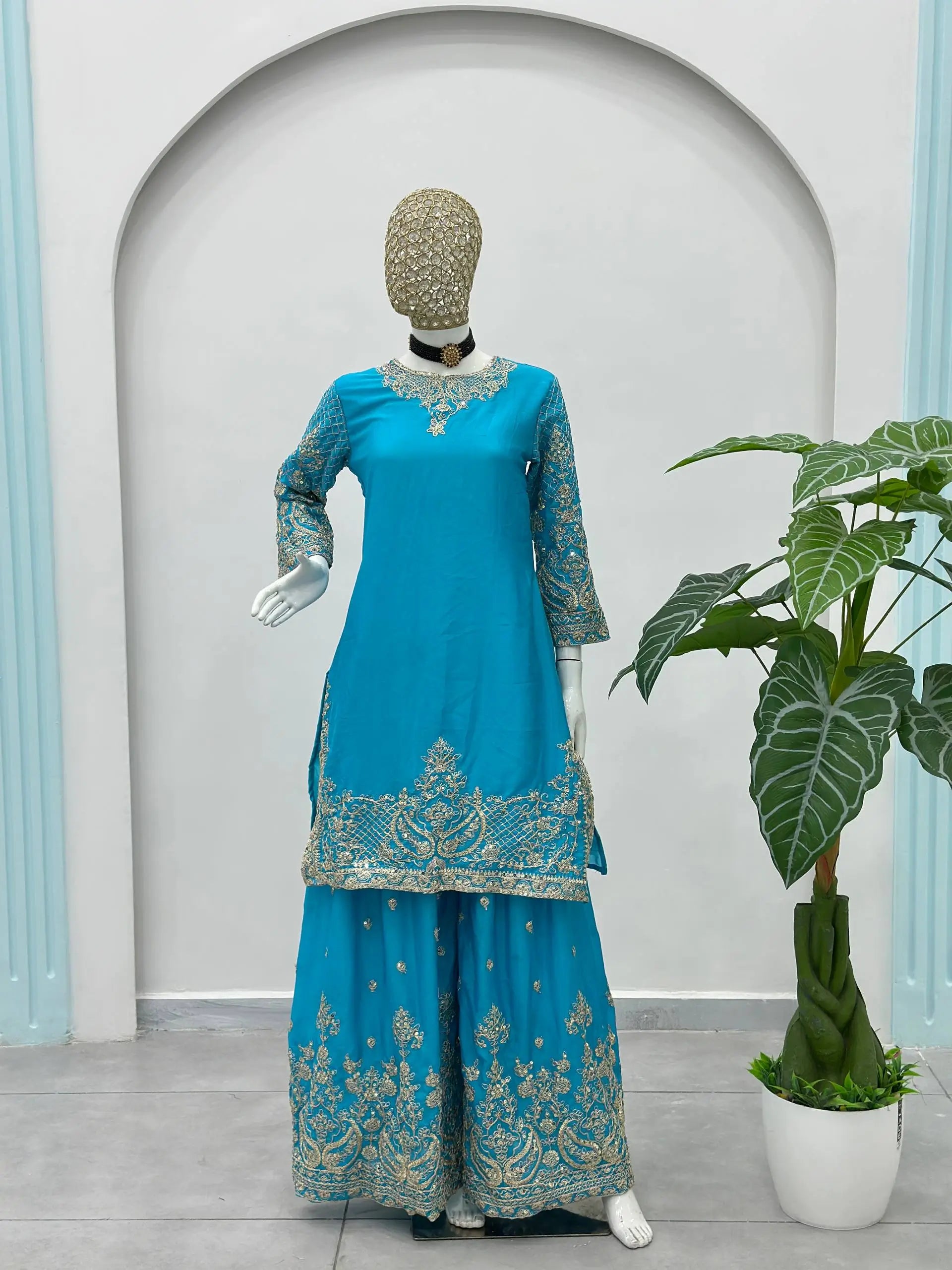 Designer Chinon Silk Embroidered Sharara Set