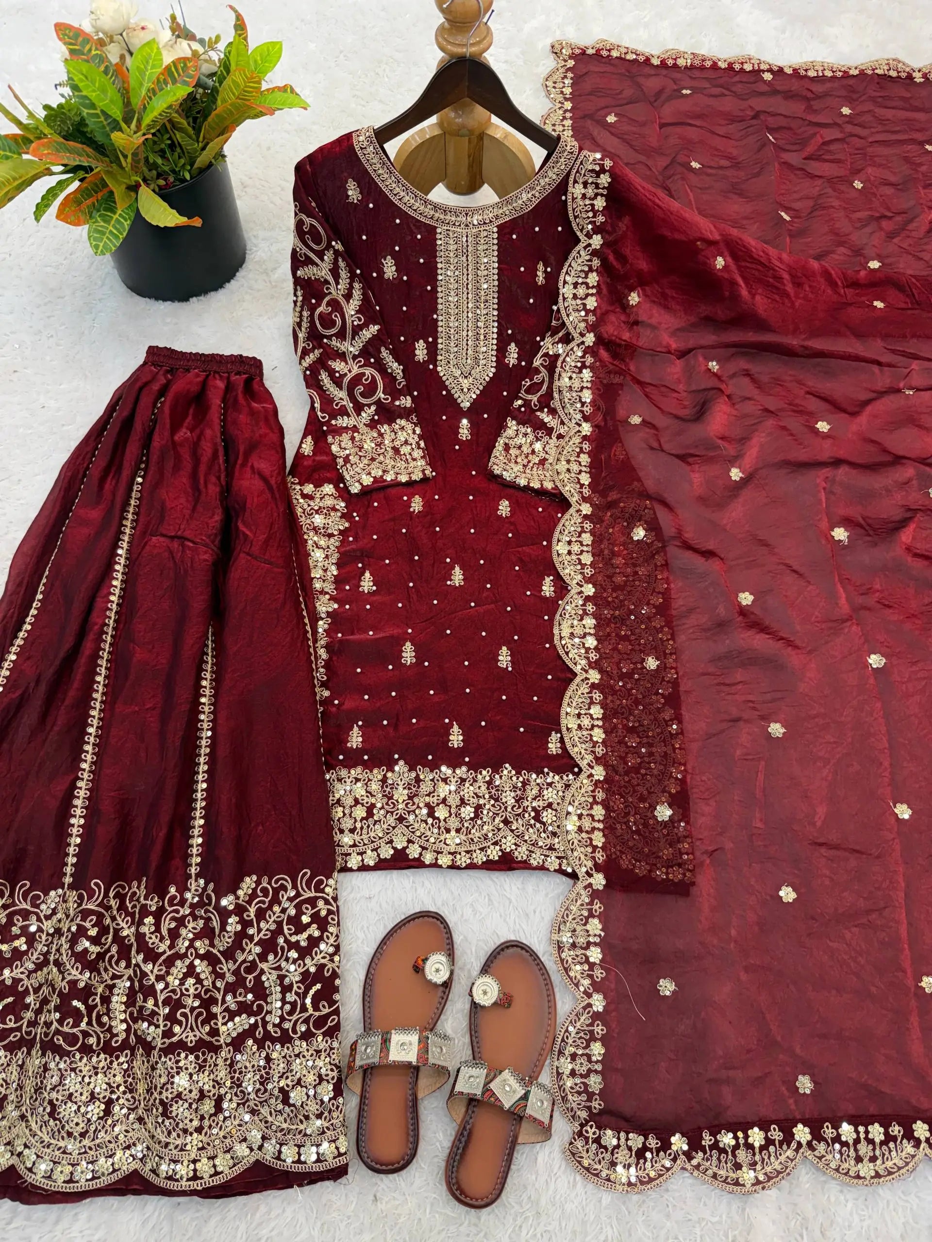 Designer Chinon Silk Embroidered Sharara Set