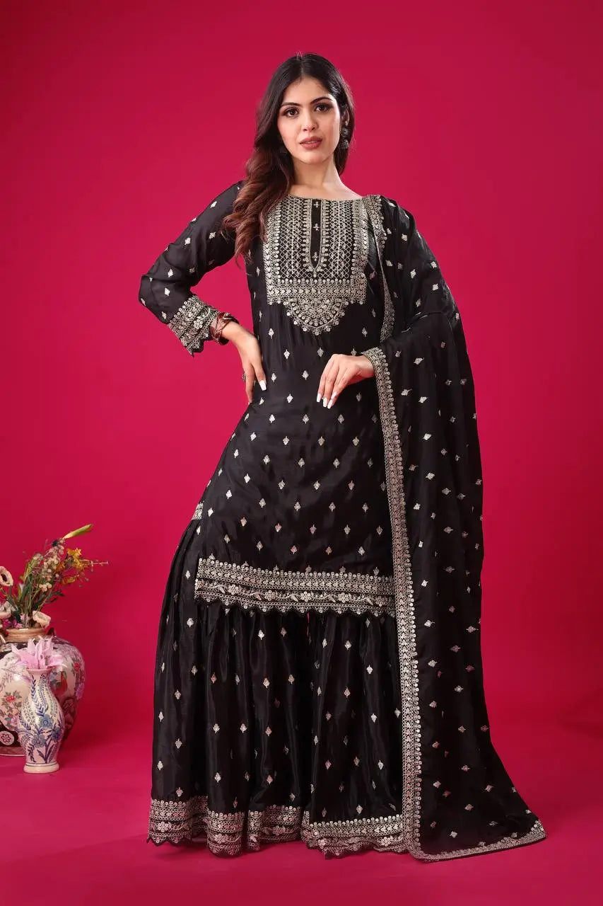 Designer Chinon Silk Embroidered Sharara Set