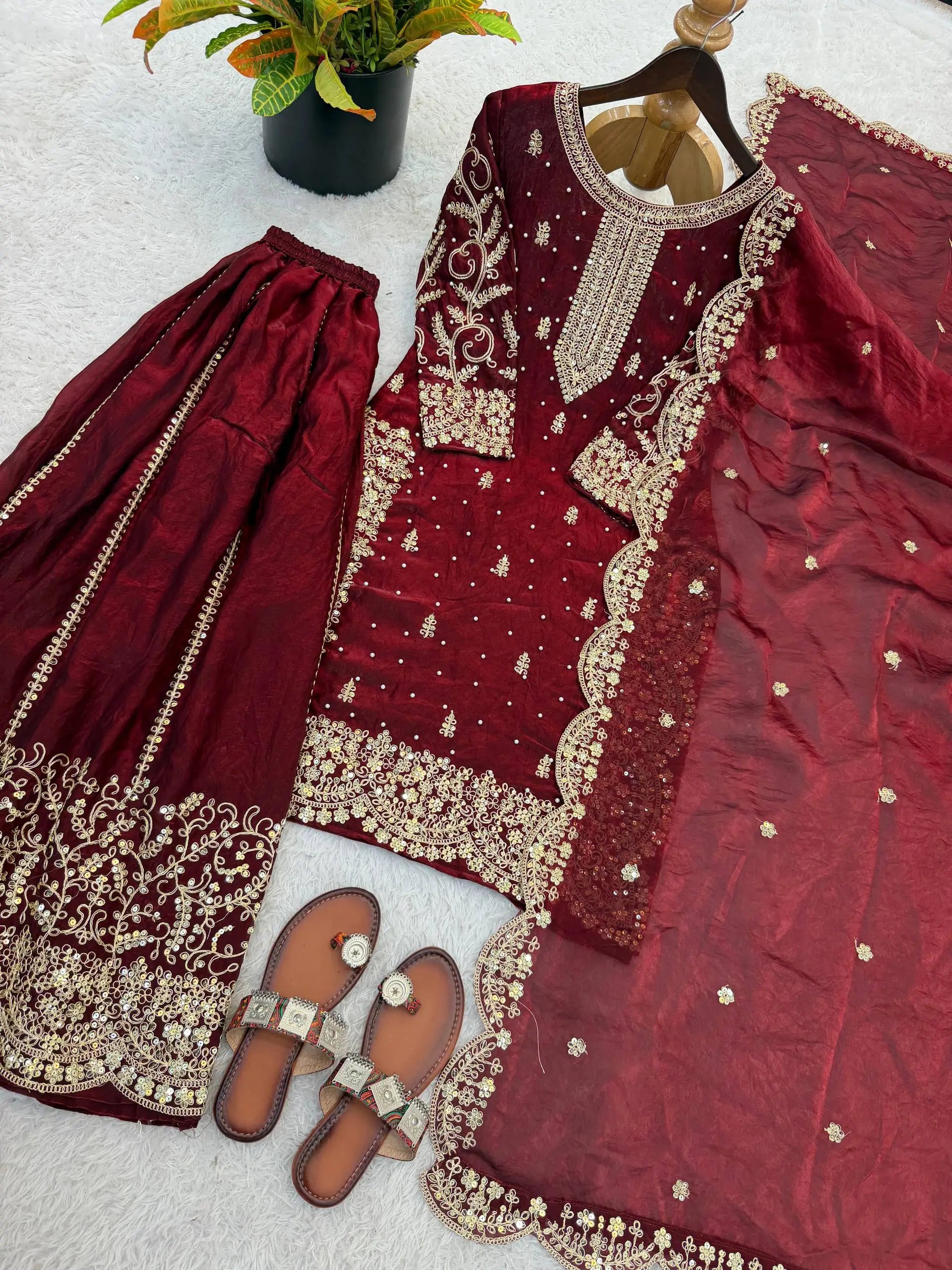 Designer Chinon Silk Embroidered Sharara Set