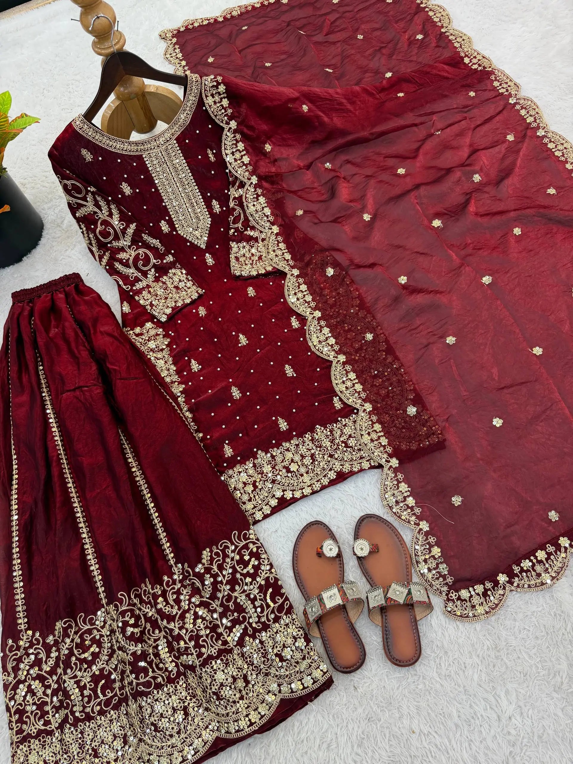 Designer Chinon Silk Embroidered Sharara Set