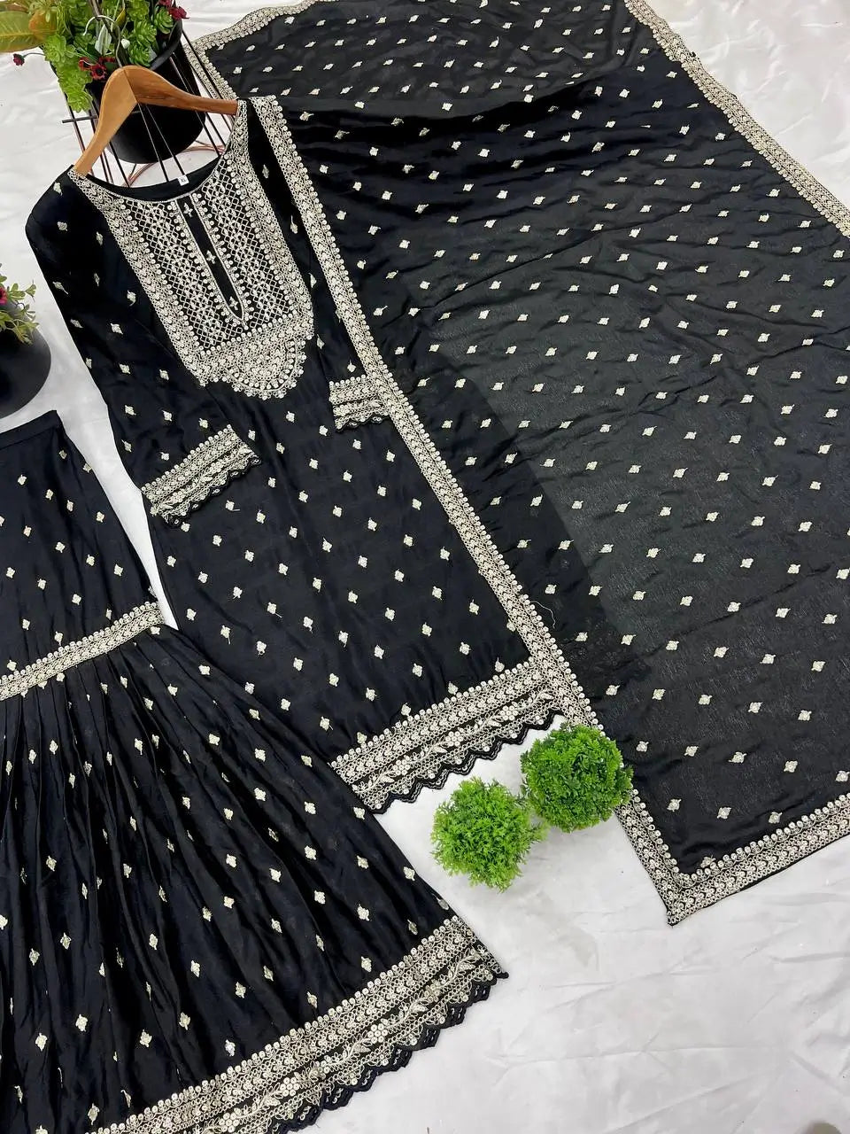 Designer Chinon Silk Embroidered Sharara Set