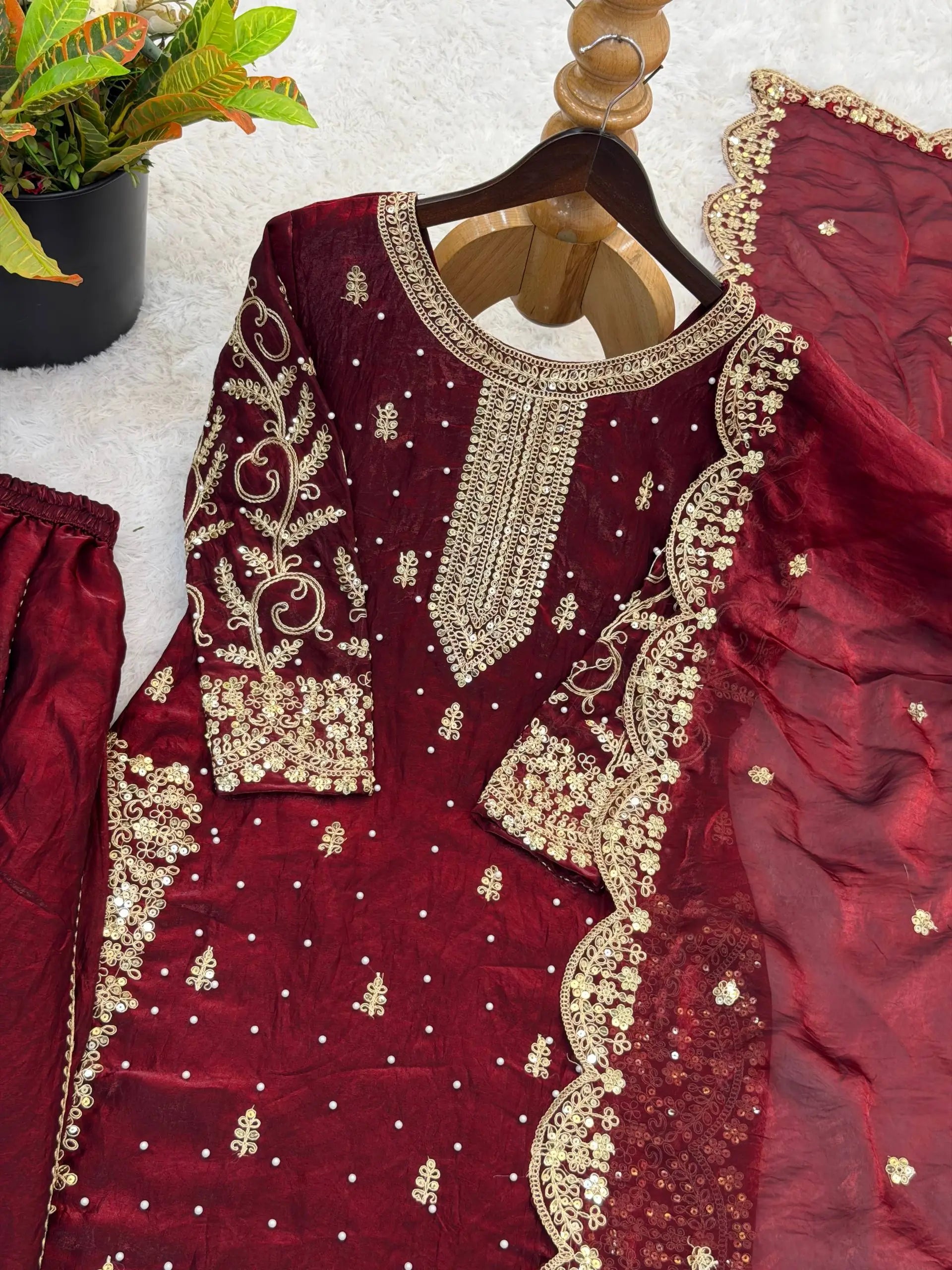 Designer Chinon Silk Embroidered Sharara Set