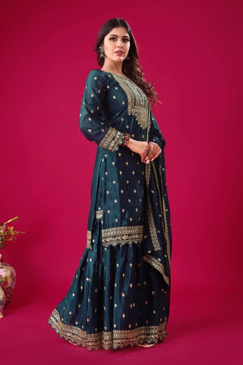 Designer Chinon Silk Embroidered Sharara Set