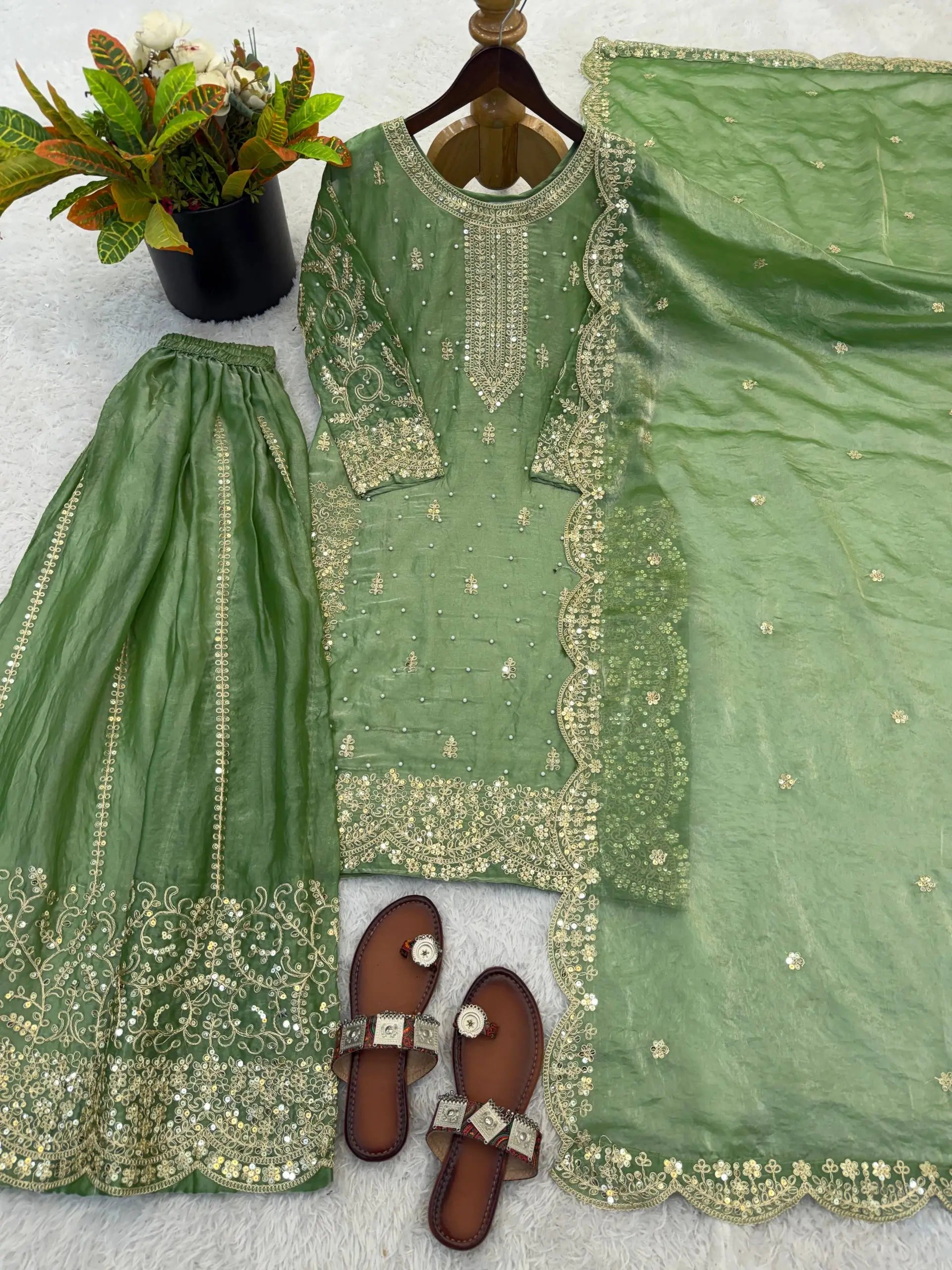 Designer Chinon Silk Embroidered Sharara Set