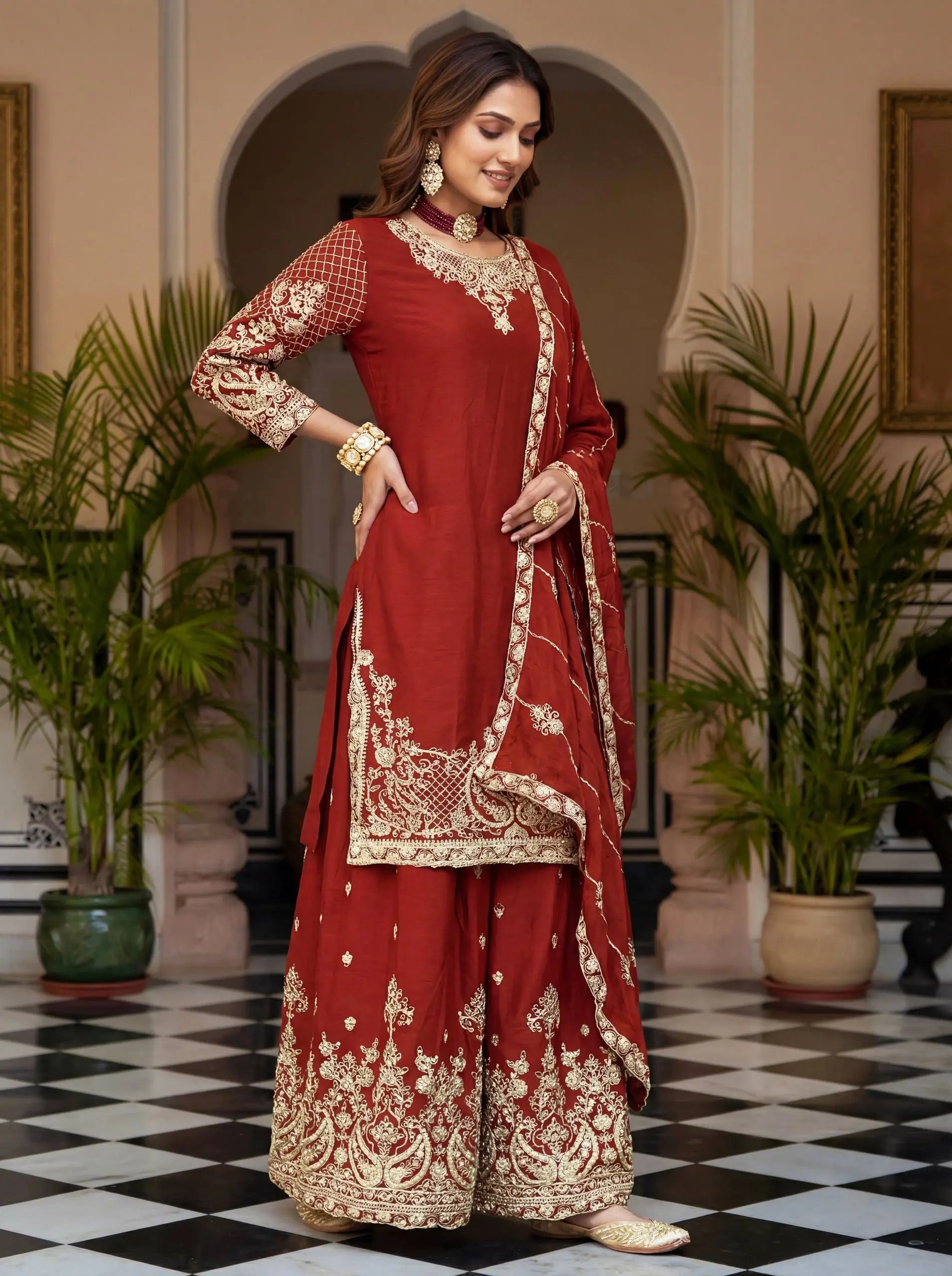 Designer Chinon Silk Embroidered Sharara Set